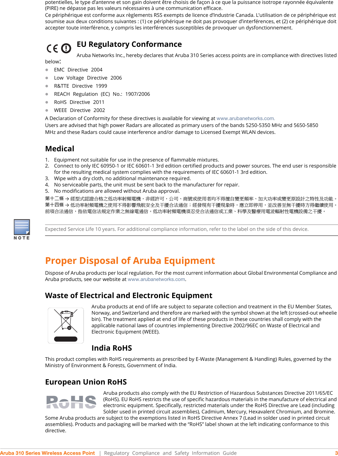 Aruba 310 Series Wireless Access Point   |  Regulatory Compliance and Safety Information Guide 3potentielles, le type d’antenne et son gain doivent être choisis de façon à ce que la puissance isotrope rayonnée équivalente (PIRE) ne dépasse pas les valeurs nécessaires à une communication efficace. Ce périphérique est conforme aux règlements RSS exempts de licence d’Industrie Canada. L’utilisation de ce périphérique est soumise aux deux conditions suivantes : (1) ce périphérique ne doit pas provoquer d’interférences, et (2) ce périphérique doit accepter toute interférence, y compris les interférences susceptibles de provoquer un dysfonctionnement.EU Regulatory Conformance Aruba Networks Inc., hereby declares that Aruba 310 Series access points are in compliance with directives listed below:EMC Directive 2004Low Voltage Directive 2006R&amp;TTE Directive 1999REACH Regulation (EC) No.: 1907/2006RoHS Directive 2011WEEE Directive 2002A Declaration of Conformity for these directives is available for viewing at www.arubanetworks.com.Users are advised that high power Radars are allocated as primary users of the bands 5250-5350 MHz and 5650-5850MHz and these Radars could cause interference and/or damage to Licensed Exempt WLAN devices.Medical1. Equipment not suitable for use in the presence of flammable mixtures.2. Connect to only IEC 60950-1 or IEC 60601-1 3rd edition certified products and power sources. The end user is responsible for the resulting medical system complies with the requirements of IEC 60601-1 3rd edition.3. Wipe with a dry cloth, no additional maintenance required.4. No serviceable parts, the unit must be sent back to the manufacturer for repair.5. No modifications are allowed without Aruba approval.䬓⌨ṳ㢄 →䴻✳⺷娵嫱⎰㟤ᷳỶ≇䌯⮬柣暣㨇炻朆䴻姙⎗炻℔⎠ˣ⓮嘇ㆾἧ䓐侭⛯ᶵ⼿㑭冒嬲㚜柣䌯ˣ≈⣏≇䌯ㆾ嬲㚜⍇姕妰ᷳ䈡⿏⍲≇傥ˤ 䬓⌨⛂㢄 →Ỷ≇䌯⮬柣暣㨇ᷳἧ䓐ᶵ⼿⼙枧梃凒⬱ℐ⍲⸚㒦⎰㱽忂ᾉ烊䴻䘤䎦㚱⸚㒦䎦尉㗪炻ㅱ䩳⌛ 䓐炻᷎㓡┬军䃉⸚㒦㗪㕡⼿两临ἧ䓐ˤ ⇵枭⎰㱽忂ᾉ炻㊯ὅ暣ᾉ㱽夷⭂ἄ㤕ᷳ䃉䶂暣忂ᾉˤ Ỷ≇䌯⮬柣暣㨇枰⽵⍿⎰㱽忂ᾉㆾⶍ㤕ˣ䥹⬠⍲慓䗪䓐暣㲊廣⮬⿏暣㨇姕⁁ᷳ⸚㒦ˤProper Disposal of Aruba EquipmentDispose of Aruba products per local regulation. For the most current information about Global Environmental Compliance and Aruba products, see our website at www.arubanetworks.com.Waste of Electrical and Electronic EquipmentAruba products at end of life are subject to separate collection and treatment in the EU Member States, Norway, and Switzerland and therefore are marked with the symbol shown at the left (crossed-out wheelie bin). The treatment applied at end of life of these products in these countries shall comply with the applicable national laws of countries implementing Directive 2002/96EC on Waste of Electrical and Electronic Equipment (WEEE).India RoHSThis product complies with RoHS requirements as prescribed by E-Waste (Management &amp; Handling) Rules, governed by the Ministry of Environment &amp; Forests, Government of India.European Union RoHSAruba products also comply with the EU Restriction of Hazardous Substances Directive 2011/65/EC (RoHS). EU RoHS restricts the use of specific hazardous materials in the manufacture of electrical and electronic equipment. Specifically, restricted materials under the RoHS Directive are Lead (including Solder used in printed circuit assemblies), Cadmium, Mercury, Hexavalent Chromium, and Bromine. Some Aruba products are subject to the exemptions listed in RoHS Directive Annex 7 (Lead in solder used in printed circuit assemblies). Products and packaging will be marked with the “RoHS” label shown at the left indicating conformance to this directive.Expected Service Life 10 years. For additional compliance information, refer to the label on the side of this device.