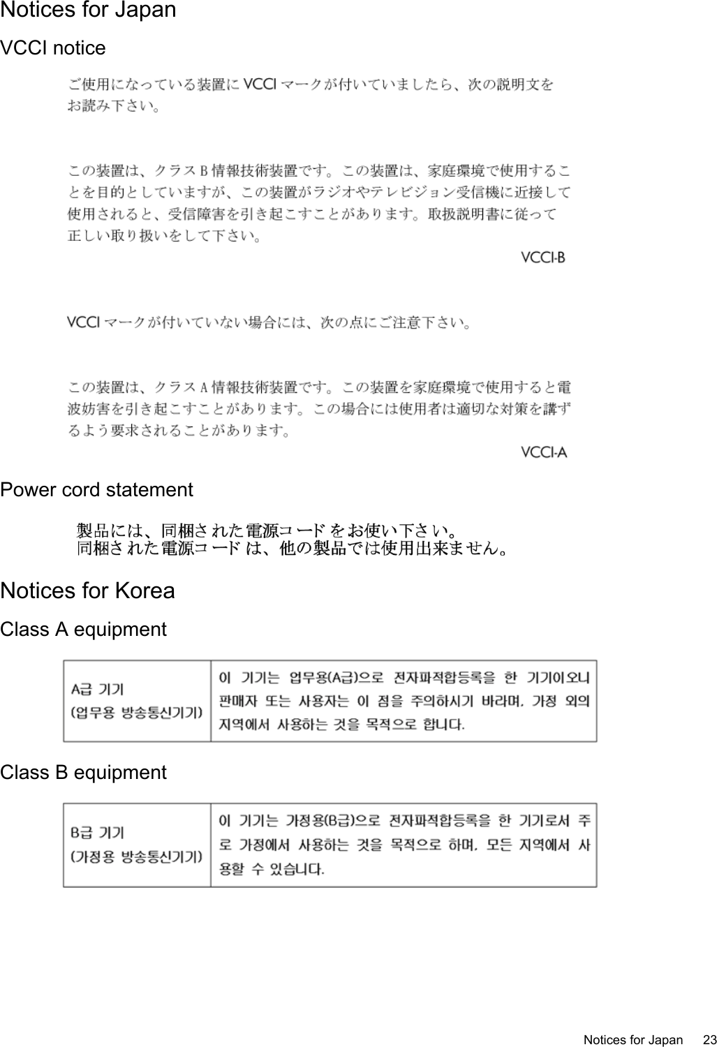 Notices for JapanVCCI noticePower cord statementNotices for KoreaClass A equipmentClass B equipmentNotices for Japan 23