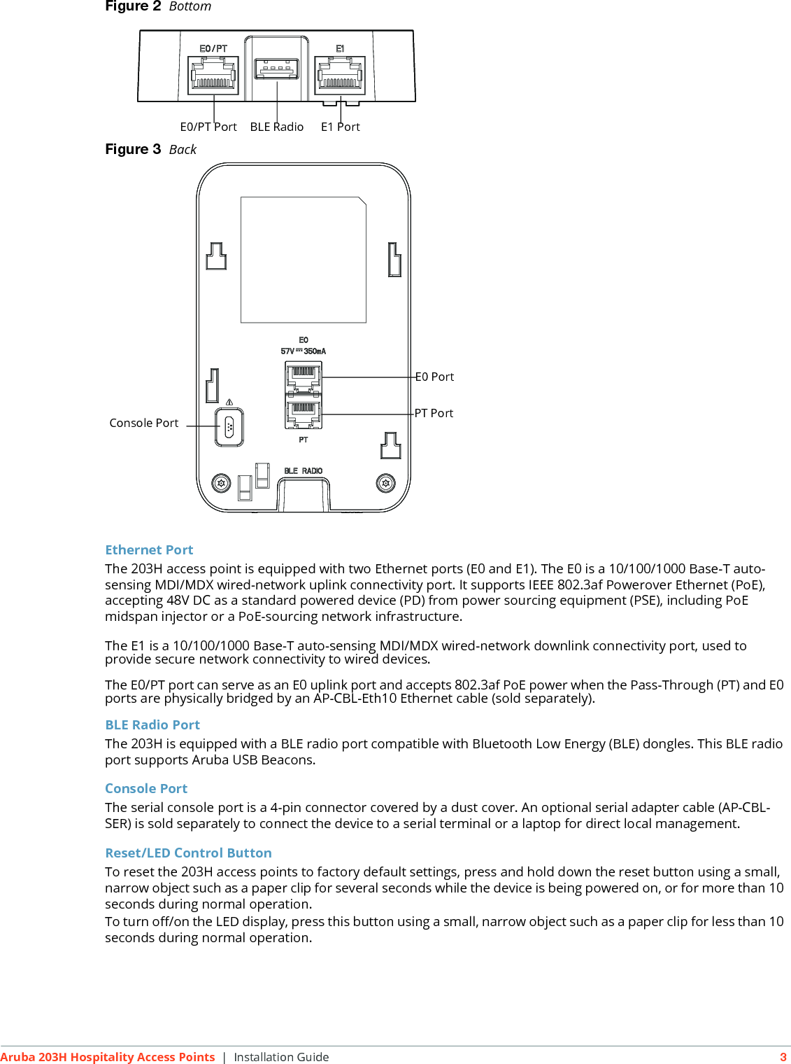 Aruba 203H Hospitality Access Points | Installation Guide 3Figure 2  BottomFigure 3  BackEthernet PortThe 203H access point is equipped with two Ethernet ports (E0 and E1). The E0 is a 10/100/1000 Base-T auto-sensing MDI/MDX wired-network uplink connectivity port. It supports IEEE 802.3af Powerover Ethernet (PoE), accepting 48V DC as a standard powered device (PD) from power sourcing equipment (PSE), including PoE midspan injector or a PoE-sourcing network infrastructure.The E1 is a 10/100/1000 Base-T auto-sensing MDI/MDX wired-network downlink connectivity port, used to provide secure network connectivity to wired devices.The E0/PT port can serve as an E0 uplink port and accepts 802.3af PoE power when the Pass-Through (PT) and E0 ports are physically bridged by an AP-CBL-Eth10 Ethernet cable (sold separately).BLE Radio PortThe 203H is equipped with a BLE radio port compatible with Bluetooth Low Energy (BLE) dongles. This BLE radio port supports Aruba USB Beacons. Console PortThe serial console port is a 4-pin connector covered by a dust cover. An optional serial adapter cable (AP-CBL-SER) is sold separately to connect the device to a serial terminal or a laptop for direct local management. Reset/LED Control ButtonTo reset the 203H access points to factory default settings, press and hold down the reset button using a small, narrow object such as a paper clip for several seconds while the device is being powered on, or for more than 10 seconds during normal operation. To turn off/on the LED display, press this button using a small, narrow object such as a paper clip for less than 10 seconds during normal operation.E1 PortE0/PT Port BLE RadioPT PortE0 PortConsole Port