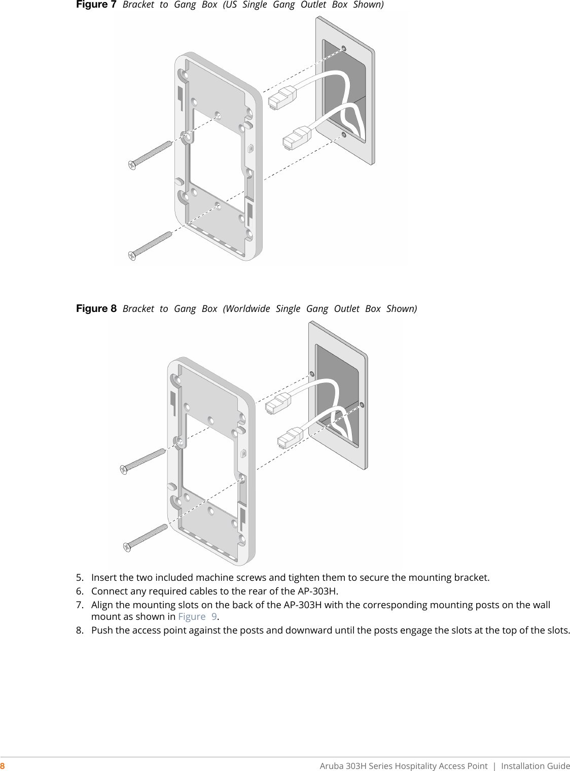 8Aruba 303H Series Hospitality Access Point  |   Installation GuideFigure 7  Bracket  to  Gang  Box  (US  Single  Gang  Outlet  Box  Shown)Figure 8  Bracket  to  Gang  Box  (Worldwide  Single  Gang  Outlet  Box  Shown)5. Insert the two included machine screws and tighten them to secure the mounting bracket.6. Connect any required cables to the rear of the AP-303H.7. Align the mounting slots on the back of the AP-303H with the corresponding mounting posts on the wall mount as shown in Figure  9.8. Push the access point against the posts and downward until the posts engage the slots at the top of the slots.