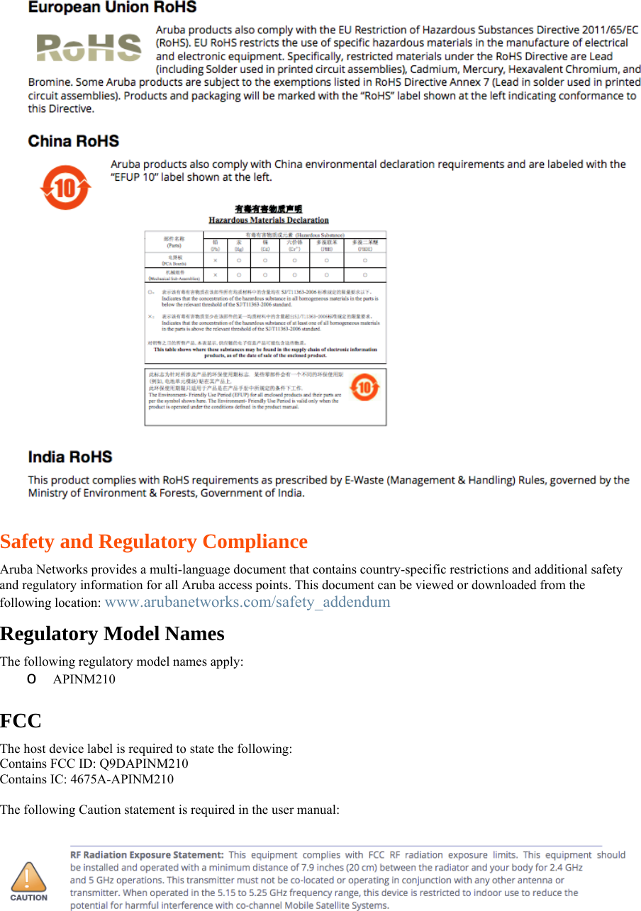   Safety and Regulatory Compliance  Aruba Networks provides a multi-language document that contains country-specific restrictions and additional safety and regulatory information for all Aruba access points. This document can be viewed or downloaded from the following location: www.arubanetworks.com/safety_addendum  Regulatory Model Names  The following regulatory model names apply:  o APINM210  FCC The host device label is required to state the following:  Contains FCC ID: Q9DAPINM210  Contains IC: 4675A-APINM210   The following Caution statement is required in the user manual:    