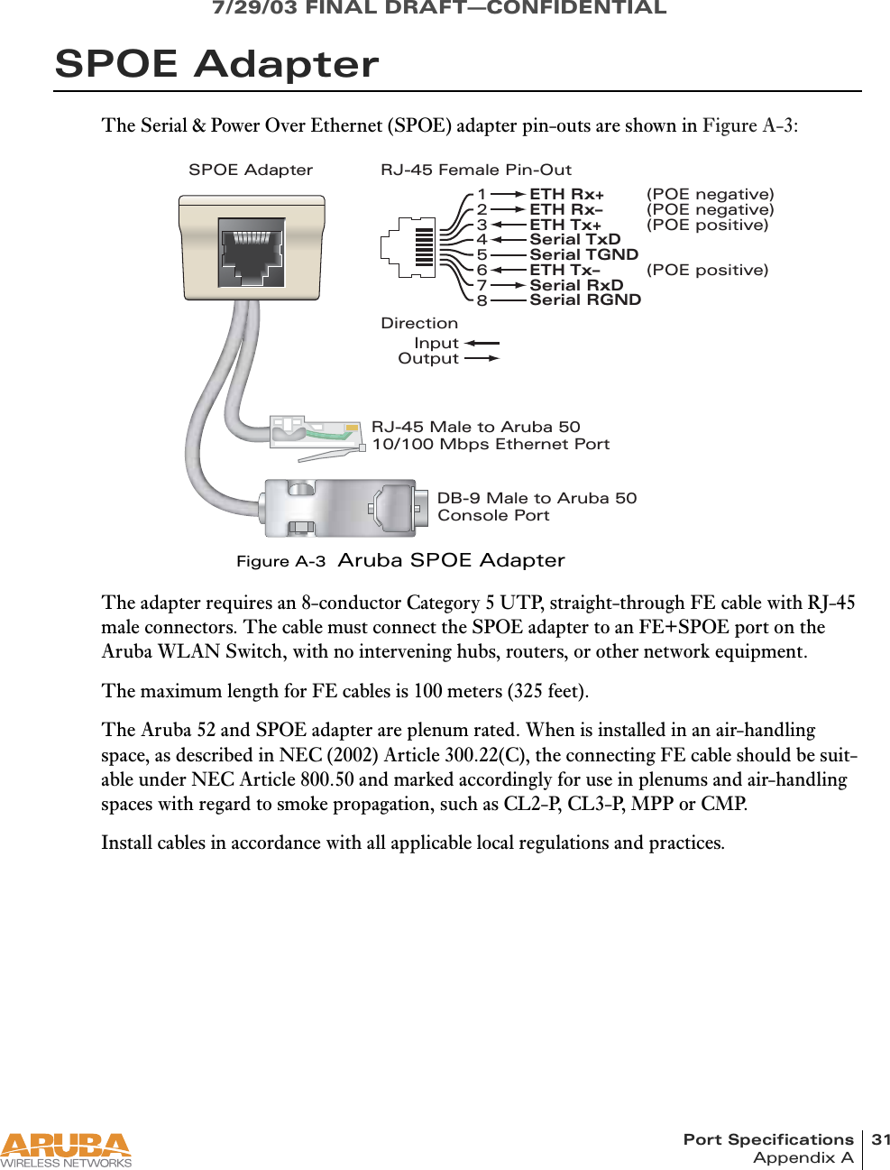 Port Specifications 31Appendix A7/29/03 FINAL DRAFT—CONFIDENTIALSPOE AdapterThe Serial &amp; Power Over Ethernet (SPOE) adapter pin-outs are shown in Figure A-3:Figure A-3  Aruba SPOE AdapterThe adapter requires an 8-conductor Category 5 UTP, straight-through FE cable with RJ-45 male connectors. The cable must connect the SPOE adapter to an FE+SPOE port on the Aruba WLAN Switch, with no intervening hubs, routers, or other network equipment.The maximum length for FE cables is 100 meters (325 feet).The Aruba 52 and SPOE adapter are plenum rated. When is installed in an air-handling space, as described in NEC (2002) Article 300.22(C), the connecting FE cable should be suit-able under NEC Article 800.50 and marked accordingly for use in plenums and air-handling spaces with regard to smoke propagation, such as CL2-P, CL3-P, MPP or CMP.Install cables in accordance with all applicable local regulations and practices.SPOE AdapterSerial TxDSerial TGNDSerial RxDSerial RGNDRJ-45 Male to Aruba 5010/100 Mbps Ethernet PortRJ-45 Female Pin-OutDB-9 Male to Aruba 50Console Port12345678ETH Rx+ (POE negative)ETH Rx– (POE negative)ETH Tx+ (POE positive)ETH Tx– (POE positive)DirectionInputOutput