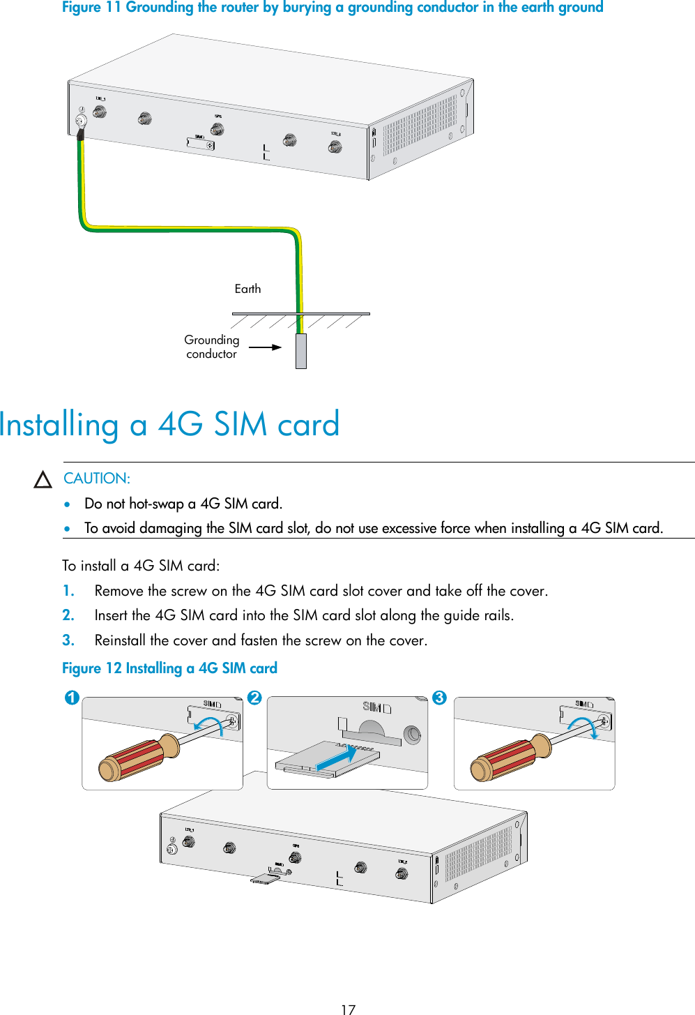  17 Figure 11 Grounding the router by burying a grounding conductor in the earth ground     Installing a 4G SIM card  CAUTION:  Do not hot-swap a 4G SIM card.  To avoid damaging the SIM card slot, do not use excessive force when installing a 4G SIM card.  To install a 4G SIM card: 1. Remove the screw on the 4G SIM card slot cover and take off the cover. 2. Insert the 4G SIM card into the SIM card slot along the guide rails. 3. Reinstall the cover and fasten the screw on the cover. Figure 12 Installing a 4G SIM card   