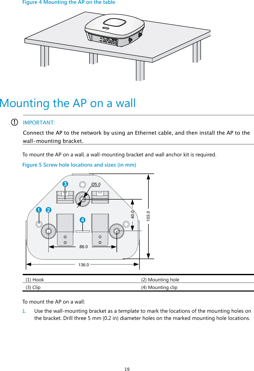  19 Figure 4 Mounting the AP on the table   Mounting the AP on a wall   IMPORTANT: Connect the AP to the network by using an Ethernet cable, and then install the AP to the wall-mounting bracket.  To mount the AP on a wall, a wall-mounting bracket and wall anchor kit is required. Figure 5 Screw hole locations and sizes (in mm)  (1) Hook (2) Mounting hole (3) Clip (4) Mounting clip  To mount the AP on a wall: 1. Use the wall-mounting bracket as a template to mark the locations of the mounting holes on the bracket. Drill three 5 mm (0.2 in) diameter holes on the marked mounting hole locations. 1 234Ø 5.040.0103.086.0136.0