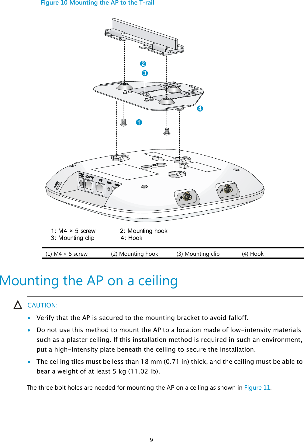  9 Figure 10 Mounting the AP to the T-rail  (1) M4 × 5 screw (2) Mounting hook  (3) Mounting clip  (4) Hook   Mounting the AP on a ceiling  CAUTION:  Verify that the AP is secured to the mounting bracket to avoid falloff.  Do not use this method to mount the AP to a location made of low-intensity materials such as a plaster ceiling. If this installation method is required in such an environment, put a high-intensity plate beneath the ceiling to secure the installation.  The ceiling tiles must be less than 18 mm (0.71 in) thick, and the ceiling must be able to bear a weight of at least 5 kg (11.02 lb).  The three bolt holes are needed for mounting the AP on a ceiling as shown in Figure 11. 1: M4 × 5 screw             2: Mounting hook3: Mounting clip              4: Hook 1234