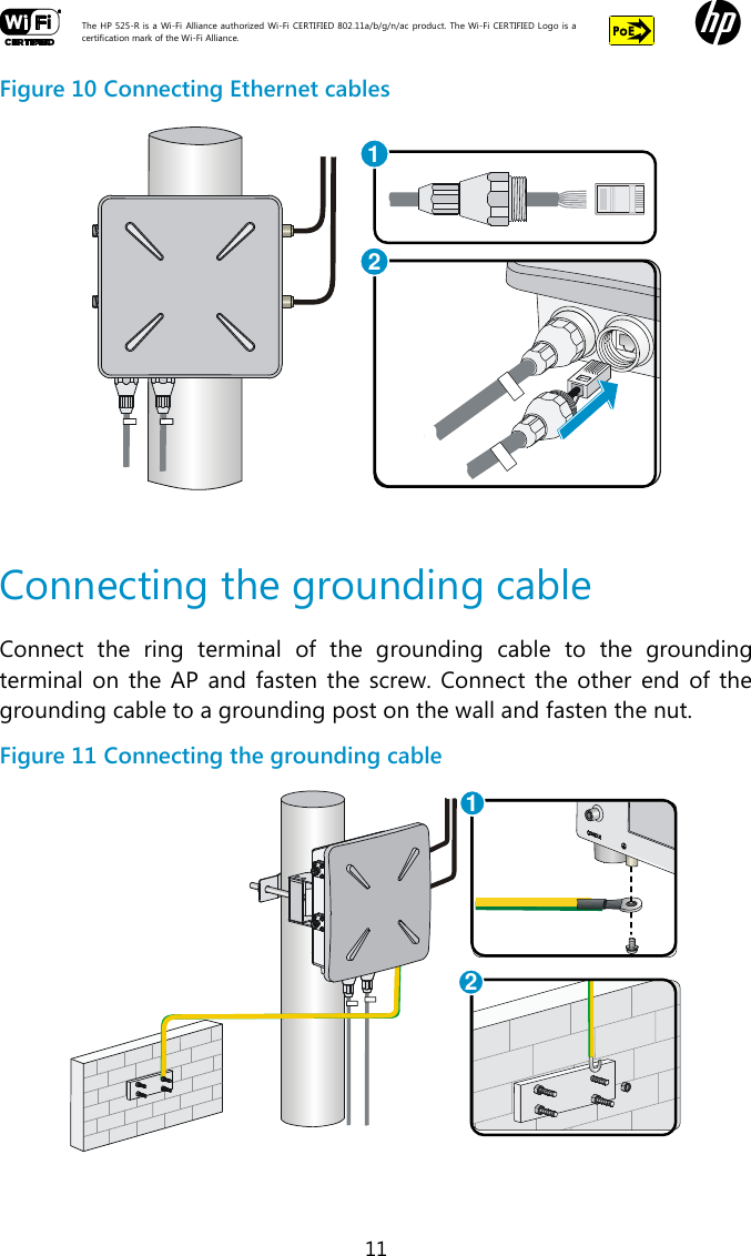  The HP 525-R is a Wi-Fi  Alliance authorized Wi-Fi  CERTIFIED 802.11a/b/g/n/ac  product.  The Wi-Fi CERTIFIED Logo is a certification mark of the Wi-Fi Alliance.    11 Figure 10 Connecting Ethernet cables   Connecting the grounding cable Connect  the  ring  terminal  of  the  grounding  cable  to  the  grounding terminal  on the AP and  fasten  the  screw.  Connect  the  other  end  of  the grounding cable to a grounding post on the wall and fasten the nut. Figure 11 Connecting the grounding cable   1212