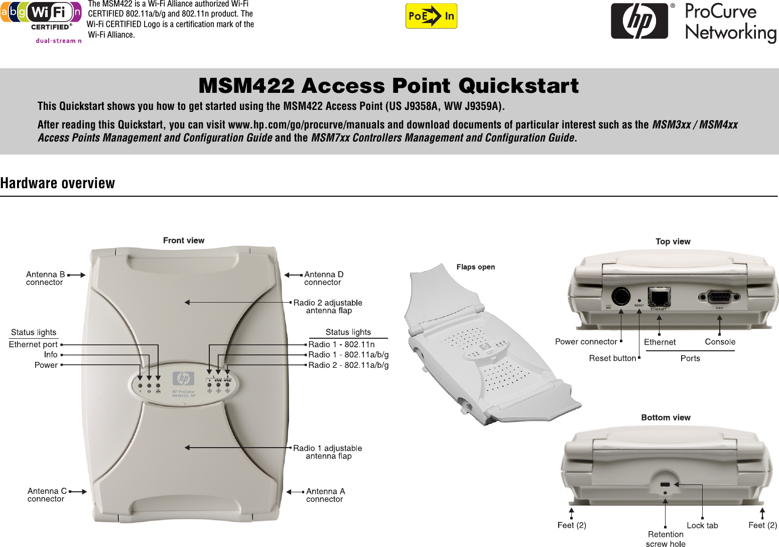 The MSM422 is a Wi-Fi Alliance authorized Wi-Fi CERTIFIED 802.11a/b/g and 802.11n product. The Wi-Fi CERTIFIED Logo is a certification mark of the Wi-Fi Alliance.InMSM422 Access Point QuickstartThis Quickstart shows you how to get started using the MSM422 Access Point (US J9358A, WW J9359A).After reading this Quickstart, you can visit www.hp.com/go/procurve/manuals and download documents of particular interest such as the MSM3xx / MSM4xx Access Points Management and Configuration Guide and the MSM7xx Controllers Management and Configuration Guide.Hardware overview