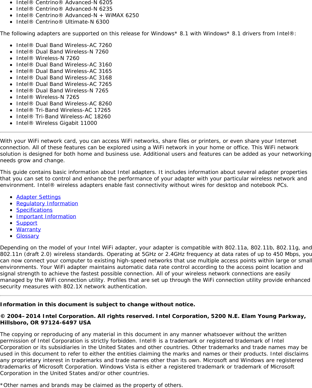 Page 2 of Hewlett Packard Enterprise EL3009260 Wifi/BT Module User Manual Intel     WiFi Adapter Information Guide