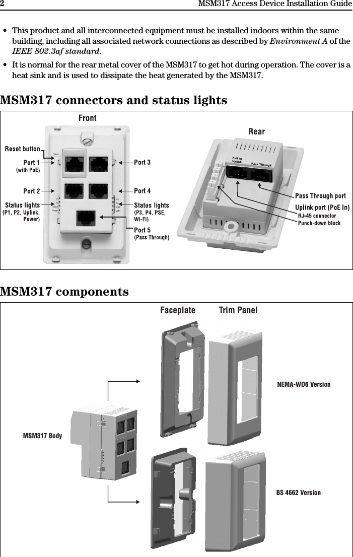2MSM317 Access Device Installation Guide• This product and all interconnected equipment must be installed indoors within the same building, including all associated network connections as described by Environment A of the IEEE 802.3af standard.• It is normal for the rear metal cover of the MSM317 to get hot during operation. The cover is a heat sink and is used to dissipate the heat generated by the MSM317.MSM317 connectors and status lightsMSM317 componentsFaceplate Trim PanelMSM317 BodyNEMA-WD6 VersionBS 4662 Version