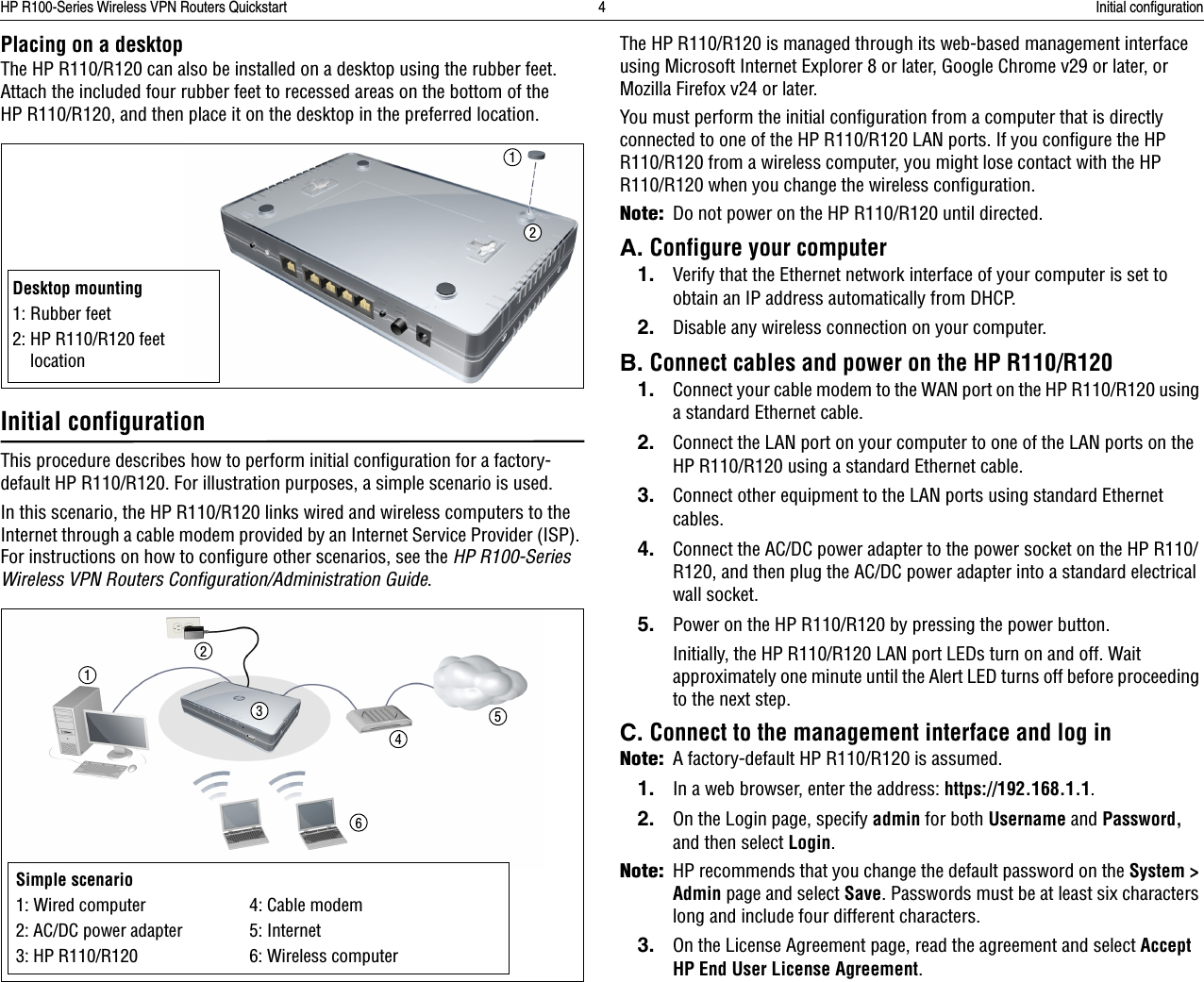 HP R100-Series Wireless VPN Routers Quickstart 4 Initial configurationPlacing on a desktopThe HP R110/R120 can also be installed on a desktop using the rubber feet. Attach the included four rubber feet to recessed areas on the bottom of the HP R110/R120, and then place it on the desktop in the preferred location.Initial configurationThis procedure describes how to perform initial configuration for a factory-default HP R110/R120. For illustration purposes, a simple scenario is used.In this scenario, the HP R110/R120 links wired and wireless computers to the Internet through a cable modem provided by an Internet Service Provider (ISP). For instructions on how to configure other scenarios, see the HP R100-Series Wireless VPN Routers Configuration/Administration Guide.The HP R110/R120 is managed through its web-based management interface using Microsoft Internet Explorer 8 or later, Google Chrome v29 or later, or Mozilla Firefox v24 or later. You must perform the initial configuration from a computer that is directly connected to one of the HP R110/R120 LAN ports. If you configure the HP R110/R120 from a wireless computer, you might lose contact with the HP R110/R120 when you change the wireless configuration.Note:Do not power on the HP R110/R120 until directed.A. Configure your computer1. Verify that the Ethernet network interface of your computer is set to obtain an IP address automatically from DHCP. 2. Disable any wireless connection on your computer.B. Connect cables and power on the HP R110/R1201. Connect your cable modem to the WAN port on the HP R110/R120 using a standard Ethernet cable.2. Connect the LAN port on your computer to one of the LAN ports on the HP R110/R120 using a standard Ethernet cable. 3. Connect other equipment to the LAN ports using standard Ethernet cables.4. Connect the AC/DC power adapter to the power socket on the HP R110/R120, and then plug the AC/DC power adapter into a standard electrical wall socket.5. Power on the HP R110/R120 by pressing the power button.Initially, the HP R110/R120 LAN port LEDs turn on and off. Wait approximately one minute until the Alert LED turns off before proceeding to the next step.C. Connect to the management interface and log inNote:A factory-default HP R110/R120 is assumed.1. In a web browser, enter the address: https://192.168.1.1.2. On the Login page, specify admin for both Username and Password, and then select Login. Note:HP recommends that you change the default password on the System &gt; Admin page and select Save. Passwords must be at least six characters long and include four different characters.3. On the License Agreement page, read the agreement and select Accept HP End User License Agreement.Desktop mounting1: Rubber feet2: HP R110/R120 feet location12Simple scenario1: Wired computer 4: Cable modem2: AC/DC power adapter 5: Internet3: HP R110/R120 6: Wireless computer123456