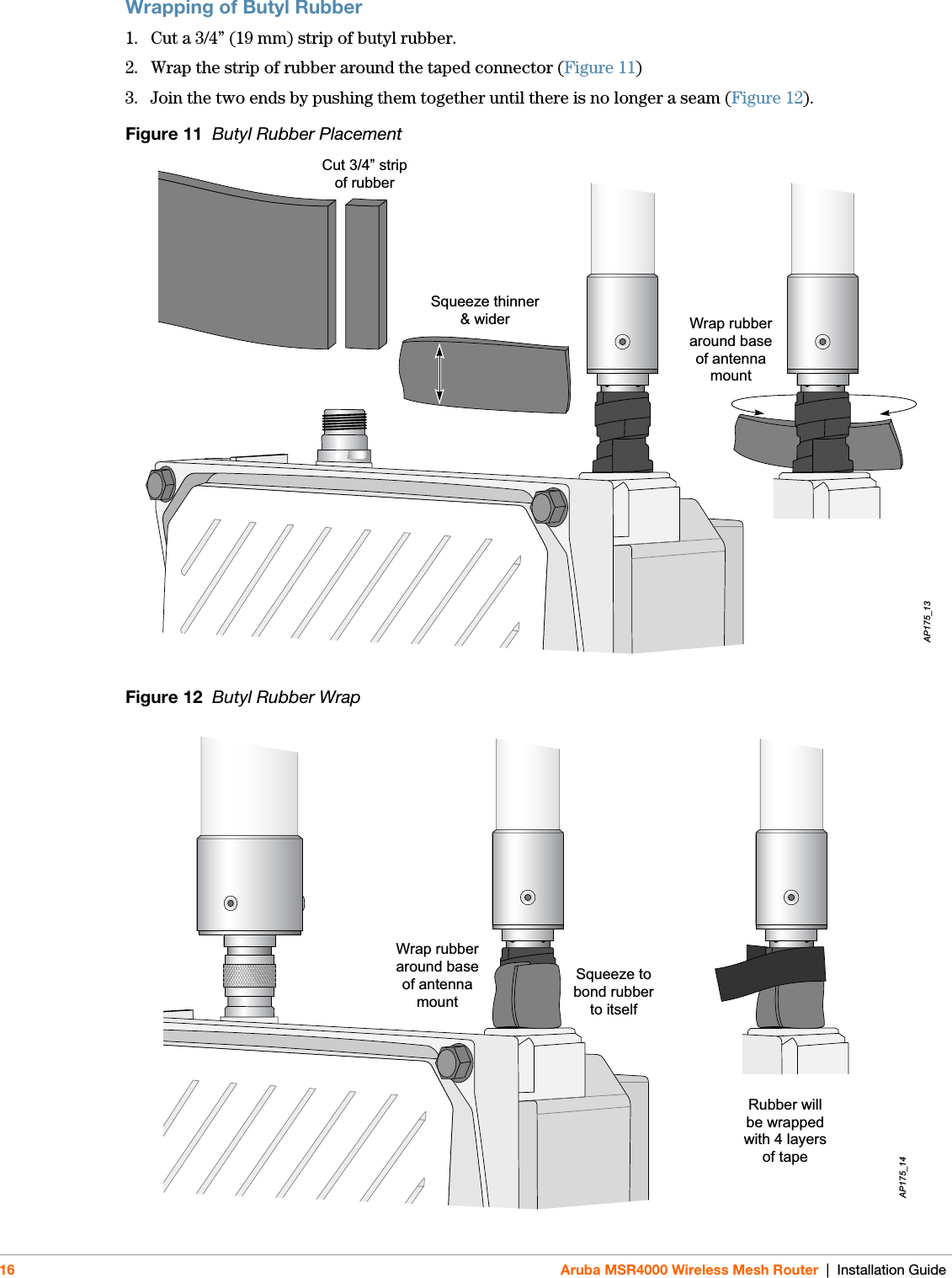 16 Aruba MSR4000 Wireless Mesh Router | Installation GuideWrapping of Butyl Rubber1. Cut a 3/4” (19 mm) strip of butyl rubber.2. Wrap the strip of rubber around the taped connector (Figure 11)3. Join the two ends by pushing them together until there is no longer a seam (Figure 12). Figure 11  Butyl Rubber Placement Figure 12  Butyl Rubber Wrap Cut 3/4” stripof rubberSqueeze thinner&amp; wider Wrap rubberaround baseof antennamountAP175_13Wrap rubberaround baseof antennamountSqueeze tobond rubberto itselfRubber willbe wrappedwith 4 layersof tapeAP175_14