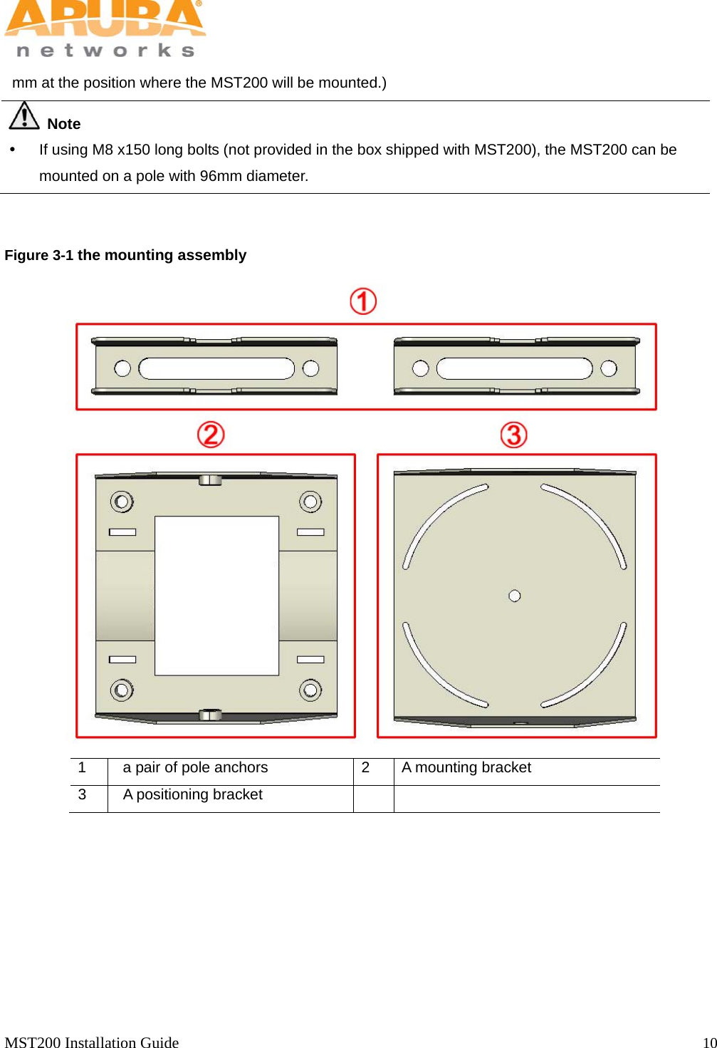   MST200 Installation Guide                                                                  10             mm at the position where the MST200 will be mounted.)      Note    If using M8 x150 long bolts (not provided in the box shipped with MST200), the MST200 can be mounted on a pole with 96mm diameter.     Figure 3-1 the mounting assembly  1    a pair of pole anchors  2  A mounting bracket 3    A positioning bracket      