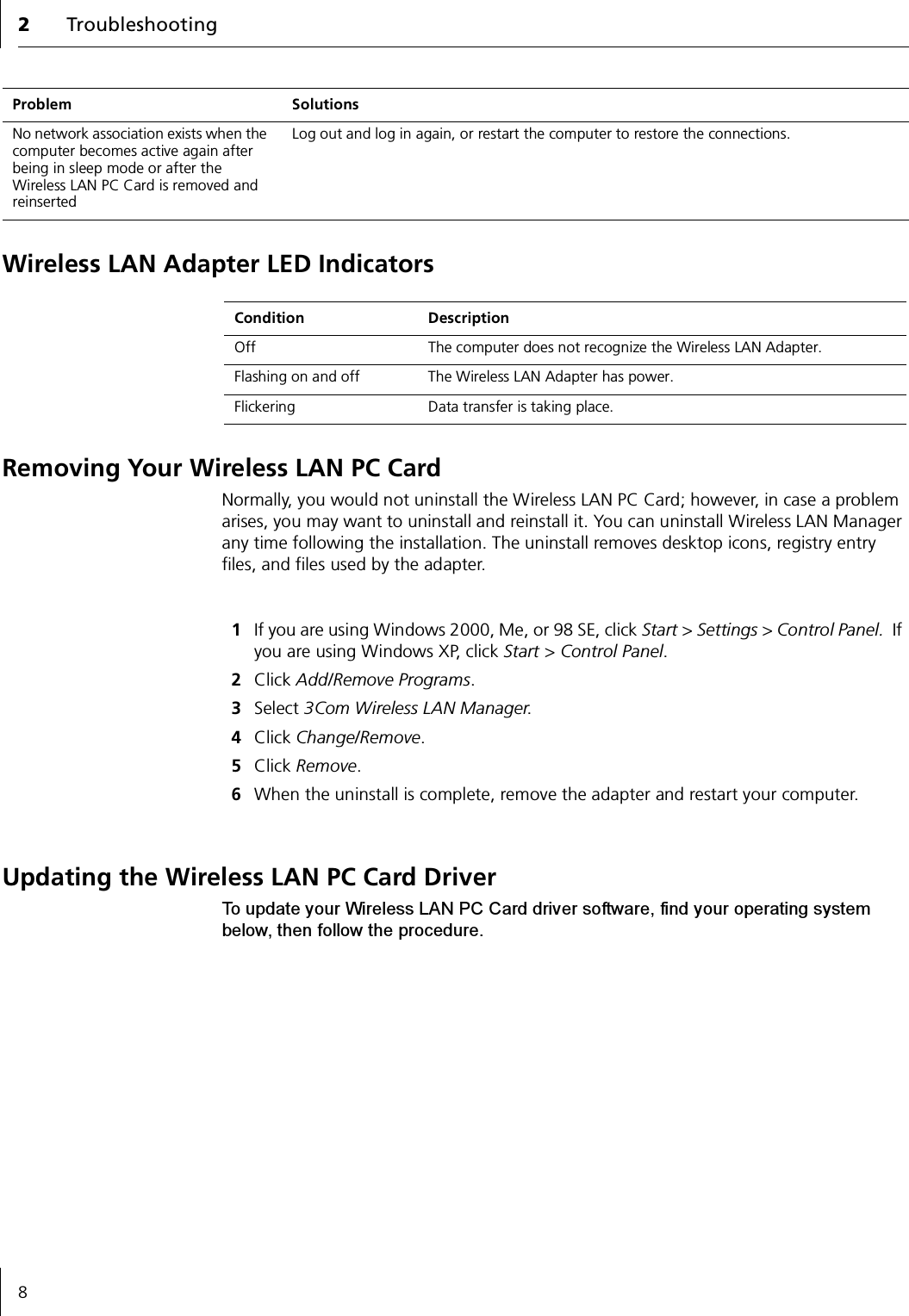 2Troubleshooting8Wireless LAN Adapter LED IndicatorsRemoving Your Wireless LAN PC CardNormally, you would not uninstall the Wireless LAN PC Card; however, in case a problem arises, you may want to uninstall and reinstall it. You can uninstall Wireless LAN Manager any time following the installation. The uninstall removes desktop icons, registry entry files, and files used by the adapter.1If you are using Windows 2000, Me, or 98 SE, click Start &gt; Settings &gt; Control Panel.  If you are using Windows XP, click Start &gt; Control Panel.2Click Add/Remove Programs.3Select 3Com Wireless LAN Manager.4Click Change/Remove.5Click Remove.6When the uninstall is complete, remove the adapter and restart your computer.Updating the Wireless LAN PC Card DriverTo update your Wireless LAN PC Card driver software, find your operating system below, then follow the procedure.No network association exists when the computer becomes active again after being in sleep mode or after the Wireless LAN PC Card is removed and reinsertedLog out and log in again, or restart the computer to restore the connections.Problem SolutionsCondition DescriptionOff The computer does not recognize the Wireless LAN Adapter.Flashing on and off The Wireless LAN Adapter has power. Flickering Data transfer is taking place.