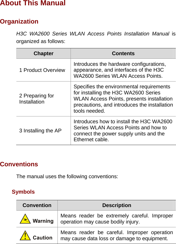 About This Manual Organization H3C WA2600 Series WLAN Access Points Installation Manual is organized as follows: Chapter  Contents 1 Product Overview  Introduces the hardware configurations, appearance, and interfaces of the H3C WA2600 Series WLAN Access Points.  2 Preparing for Installation Specifies the environmental requirements for installing the H3C WA2600 Series WLAN Access Points, presents installation precautions, and introduces the installation tools needed. 3 Installing the AP Introduces how to install the H3C WA2600 Series WLAN Access Points and how to connect the power supply units and the Ethernet cable.  Conventions The manual uses the following conventions:  Symbols Convention  Description Means reader be extremely careful. Improper operation may cause bodily injury.  Means reader be careful. Improper operation may cause data loss or damage to equipment.  