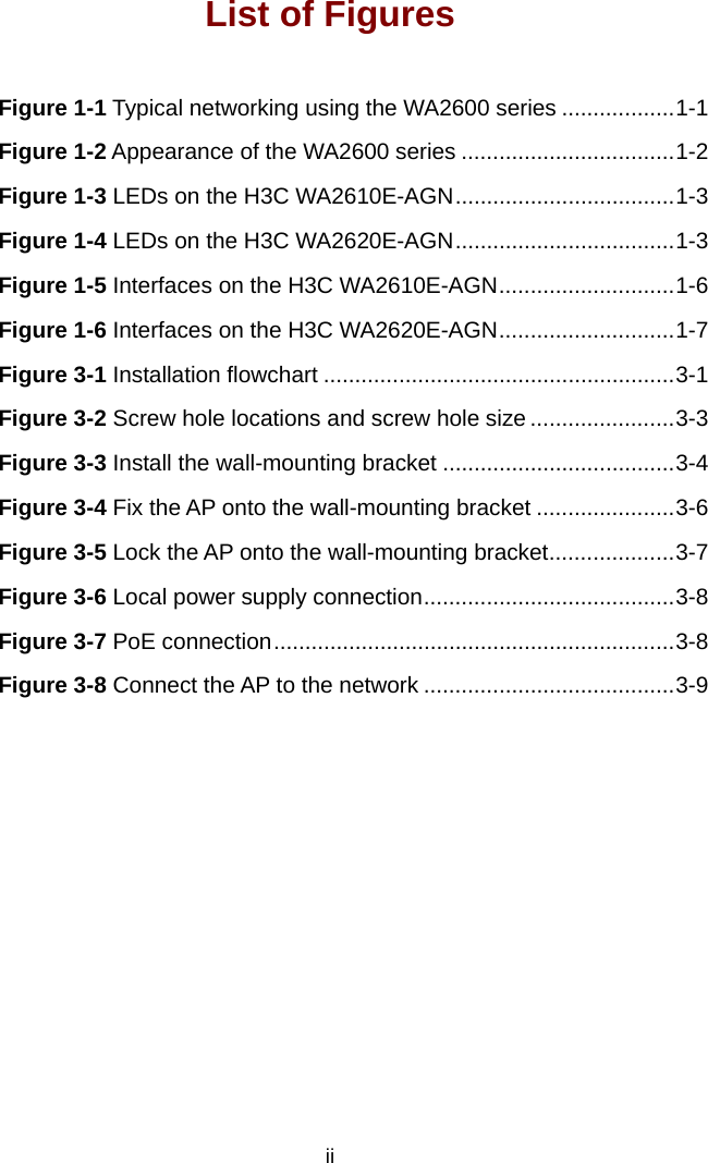  ii List of Figures Figure 1-1 Typical networking using the WA2600 series ..................1-1 Figure 1-2 Appearance of the WA2600 series ..................................1-2 Figure 1-3 LEDs on the H3C WA2610E-AGN...................................1-3 Figure 1-4 LEDs on the H3C WA2620E-AGN...................................1-3 Figure 1-5 Interfaces on the H3C WA2610E-AGN............................1-6 Figure 1-6 Interfaces on the H3C WA2620E-AGN............................1-7 Figure 3-1 Installation flowchart ........................................................3-1 Figure 3-2 Screw hole locations and screw hole size .......................3-3 Figure 3-3 Install the wall-mounting bracket .....................................3-4 Figure 3-4 Fix the AP onto the wall-mounting bracket ......................3-6 Figure 3-5 Lock the AP onto the wall-mounting bracket....................3-7 Figure 3-6 Local power supply connection........................................3-8 Figure 3-7 PoE connection................................................................3-8 Figure 3-8 Connect the AP to the network ........................................3-9  