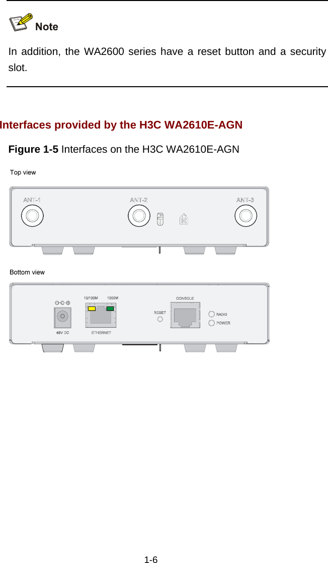  1-6   In addition, the WA2600 series have a reset button and a security slot.   Interfaces provided by the H3C WA2610E-AGN Figure 1-5 Interfaces on the H3C WA2610E-AGN   