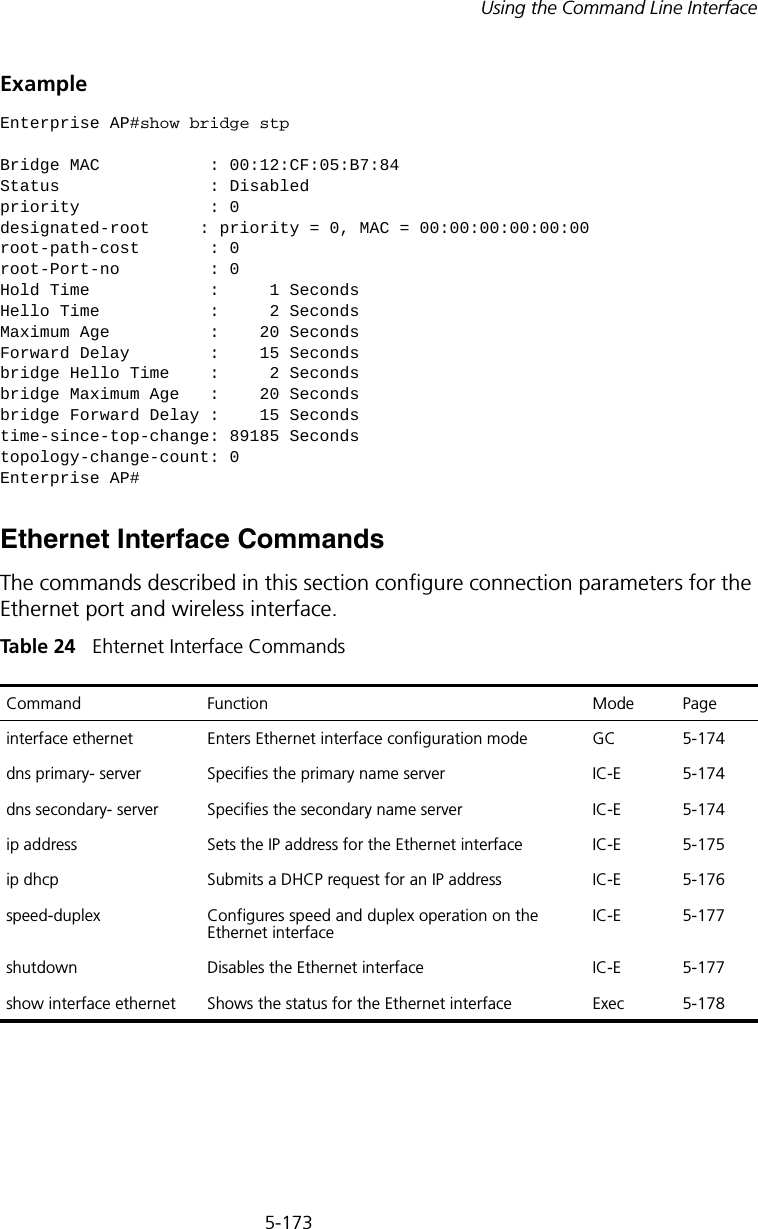 5-173Using the Command Line InterfaceExampleEthernet Interface Commands The commands described in this section configure connection parameters for the Ethernet port and wireless interface.Tabl e  24   Ehternet Interface CommandsEnterprise AP#show bridge stpBridge MAC           : 00:12:CF:05:B7:84Status               : Disabledpriority             : 0designated-root     : priority = 0, MAC = 00:00:00:00:00:00root-path-cost       : 0root-Port-no         : 0Hold Time            :     1 SecondsHello Time           :     2 SecondsMaximum Age          :    20 SecondsForward Delay        :    15 Secondsbridge Hello Time    :     2 Secondsbridge Maximum Age   :    20 Secondsbridge Forward Delay :    15 Secondstime-since-top-change: 89185 Secondstopology-change-count: 0Enterprise AP#Command Function Mode Pageinterface ethernet Enters Ethernet interface configuration mode  GC 5-174dns primary- server Specifies the primary name server IC-E 5-174dns secondary- server Specifies the secondary name server IC-E 5-174ip address  Sets the IP address for the Ethernet interface IC-E 5-175ip dhcp Submits a DHCP request for an IP address IC-E 5-176speed-duplex  Configures speed and duplex operation on the Ethernet interface IC-E 5-177shutdown Disables the Ethernet interface IC-E 5-177show interface ethernet Shows the status for the Ethernet interface Exec 5-178