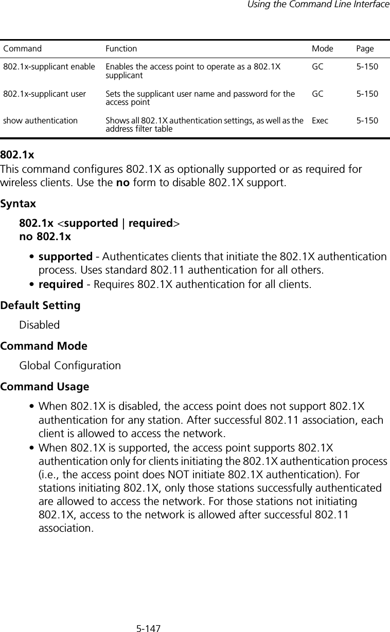 5-147Using the Command Line Interface802.1xThis command configures 802.1X as optionally supported or as required for wireless clients. Use the no form to disable 802.1X support.Syntax802.1x &lt;supported | required&gt; no 802.1x•supported - Authenticates clients that initiate the 802.1X authentication process. Uses standard 802.11 authentication for all others.•required - Requires 802.1X authentication for all clients.Default SettingDisabledCommand ModeGlobal ConfigurationCommand Usage• When 802.1X is disabled, the access point does not support 802.1X authentication for any station. After successful 802.11 association, each client is allowed to access the network.• When 802.1X is supported, the access point supports 802.1X authentication only for clients initiating the 802.1X authentication process (i.e., the access point does NOT initiate 802.1X authentication). For stations initiating 802.1X, only those stations successfully authenticated are allowed to access the network. For those stations not initiating 802.1X, access to the network is allowed after successful 802.11 association.802.1x-supplicant enable Enables the access point to operate as a 802.1X supplicantGC 5-150802.1x-supplicant user Sets the supplicant user name and password for the access pointGC 5-150show authentication Shows all 802.1X authentication settings, as well as the address filter table Exec 5-150Command Function Mode Page