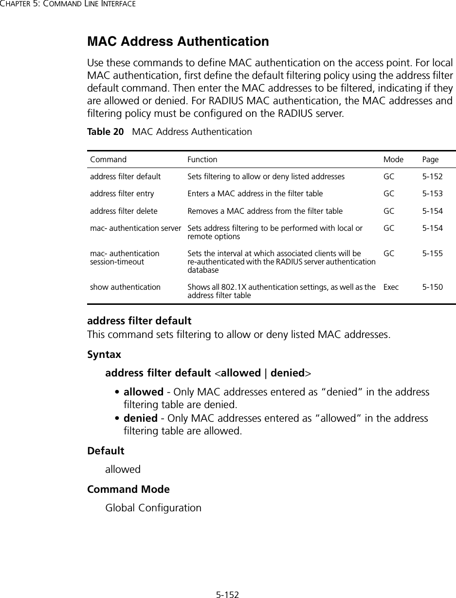 5-152CHAPTER 5: COMMAND LINE INTERFACEMAC Address Authentication Use these commands to define MAC authentication on the access point. For local MAC authentication, first define the default filtering policy using the address filter default command. Then enter the MAC addresses to be filtered, indicating if they are allowed or denied. For RADIUS MAC authentication, the MAC addresses and filtering policy must be configured on the RADIUS server.Tabl e  20   MAC Address Authenticationaddress filter defaultThis command sets filtering to allow or deny listed MAC addresses.Syntaxaddress filter default &lt;allowed | denied&gt;•allowed - Only MAC addresses entered as “denied” in the address filtering table are denied.•denied - Only MAC addresses entered as “allowed” in the address filtering table are allowed.DefaultallowedCommand ModeGlobal ConfigurationCommand Function Mode Pageaddress filter default Sets filtering to allow or deny listed addresses GC 5-152address filter entry Enters a MAC address in the filter table GC 5-153address filter delete Removes a MAC address from the filter table GC 5-154mac- authentication server Sets address filtering to be performed with local or remote optionsGC 5-154mac- authentication session-timeout Sets the interval at which associated clients will be re-authenticated with the RADIUS server authentication databaseGC 5-155show authentication Shows all 802.1X authentication settings, as well as the address filter table Exec 5-150