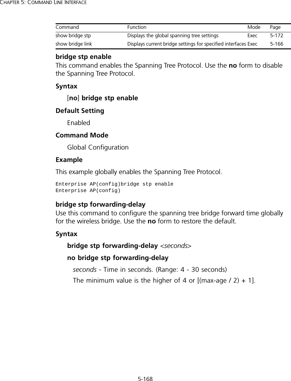 5-168CHAPTER 5: COMMAND LINE INTERFACEbridge stp enableThis command enables the Spanning Tree Protocol. Use the no form to disable the Spanning Tree Protocol.Syntax [no] bridge stp enableDefault Setting EnabledCommand Mode Global ConfigurationExample This example globally enables the Spanning Tree Protocol.bridge stp forwarding-delayUse this command to configure the spanning tree bridge forward time globally for the wireless bridge. Use the no form to restore the default.Syntax bridge stp forwarding-delay &lt;seconds&gt;no bridge stp forwarding-delayseconds - Time in seconds. (Range: 4 - 30 seconds)The minimum value is the higher of 4 or [(max-age / 2) + 1]. show bridge stp Displays the global spanning tree settings Exec 5-172show bridge link Displays current bridge settings for specified interfaces Exec 5-166Enterprise AP(config)bridge stp enableEnterprise AP(config)Command Function Mode Page