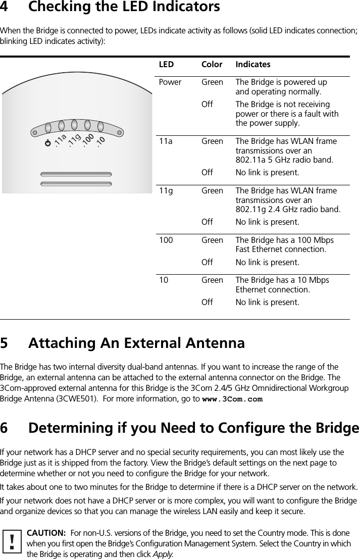 4 Checking the LED IndicatorsWhen the Bridge is connected to power, LEDs indicate activity as follows (solid LED indicates connection; blinking LED indicates activity):5 Attaching An External AntennaThe Bridge has two internal diversity dual-band antennas. If you want to increase the range of the Bridge, an external antenna can be attached to the external antenna connector on the Bridge. The 3Com-approved external antenna for this Bridge is the 3Com 2.4/5 GHz Omnidirectional Workgroup Bridge Antenna (3CWE501).  For more information, go to www.3Com.com6 Determining if you Need to Configure the BridgeIf your network has a DHCP server and no special security requirements, you can most likely use the Bridge just as it is shipped from the factory. View the Bridge’s default settings on the next page to determine whether or not you need to configure the Bridge for your network.It takes about one to two minutes for the Bridge to determine if there is a DHCP server on the network.If your network does not have a DHCP server or is more complex, you will want to configure the Bridge and organize devices so that you can manage the wireless LAN easily and keep it secure.LED Color IndicatesPower GreenOffThe Bridge is powered up and operating normally.The Bridge is not receiving power or there is a fault with the power supply.11a Green OffThe Bridge has WLAN frame transmissions over an 802.11a 5 GHz radio band.No link is present.11g GreenOffThe Bridge has WLAN frame transmissions over an 802.11g 2.4 GHz radio band.No link is present.100 GreenOffThe Bridge has a 100 Mbps Fast Ethernet connection.No link is present.10 GreenOffThe Bridge has a 10 Mbps Ethernet connection.No link is present.CAUTION:  For non-U.S. versions of the Bridge, you need to set the Country mode. This is done when you first open the Bridge’s Configuration Management System. Select the Country in which the Bridge is operating and then click Apply..11g.100.10.11a
