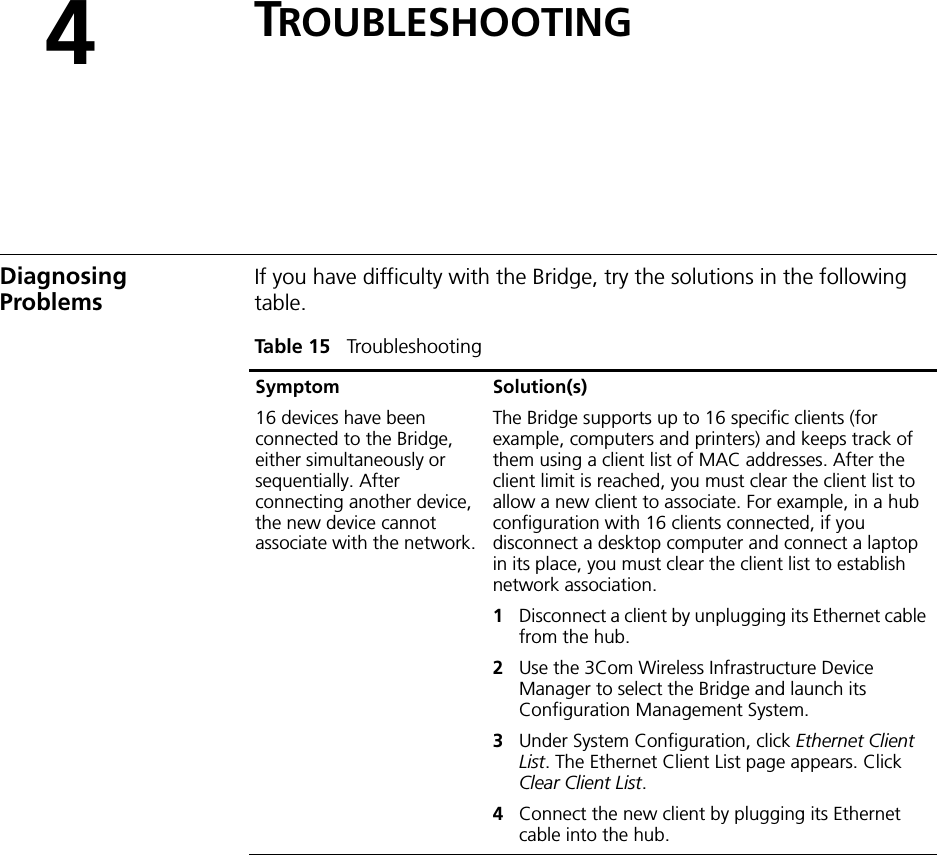 4TROUBLESHOOTINGDiagnosing ProblemsIf you have difficulty with the Bridge, try the solutions in the following table.Table 15   Troubleshooting Symptom Solution(s)16 devices have been connected to the Bridge, either simultaneously or sequentially. After connecting another device, the new device cannot associate with the network.The Bridge supports up to 16 specific clients (for example, computers and printers) and keeps track of them using a client list of MAC addresses. After the client limit is reached, you must clear the client list to allow a new client to associate. For example, in a hub configuration with 16 clients connected, if you disconnect a desktop computer and connect a laptop in its place, you must clear the client list to establish network association.1Disconnect a client by unplugging its Ethernet cable from the hub.2Use the 3Com Wireless Infrastructure Device Manager to select the Bridge and launch its Configuration Management System.3Under System Configuration, click Ethernet Client List. The Ethernet Client List page appears. Click Clear Client List.4Connect the new client by plugging its Ethernet cable into the hub.