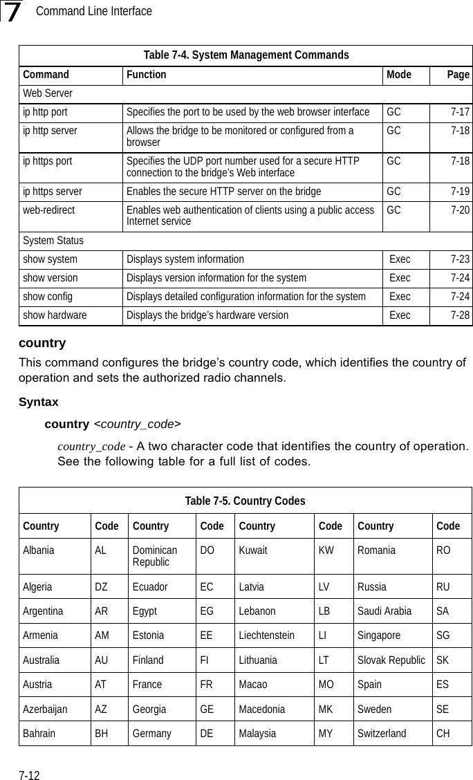 Command Line Interface7-127countryThis command configures the bridge’s country code, which identifies the country of operation and sets the authorized radio channels. Syntax country &lt;country_code&gt;country_code - A two character code that identifies the country of operation. See the following table for a full list of codes.Web Serverip http port  Specifies the port to be used by the web browser interface  GC 7-17ip http server  Allows the bridge to be monitored or configured from a browser  GC 7-18ip https port Specifies the UDP port number used for a secure HTTP connection to the bridge’s Web interface GC 7-18ip https server Enables the secure HTTP server on the bridge  GC 7-19web-redirect Enables web authentication of clients using a public access Internet service GC 7-20System Statusshow system  Displays system information  Exec  7-23show version  Displays version information for the system  Exec  7-24show config Displays detailed configuration information for the system  Exec  7-24show hardware Displays the bridge’s hardware version  Exec  7-28Table 7-5. Country CodesCountry Code Country Code Country Code Country CodeAlbania AL Dominican Republic DO Kuwait KW Romania ROAlgeria DZ Ecuador EC Latvia LV Russia RUArgentina AR Egypt EG Lebanon LB Saudi Arabia SAArmenia AM Estonia EE Liechtenstein LI Singapore SGAustralia AU Finland FI Lithuania LT Slovak Republic SKAustria AT France FR Macao MO Spain ESAzerbaijan AZ Georgia GE Macedonia MK Sweden SEBahrain BH Germany DE Malaysia MY Switzerland CHTable 7-4. System Management CommandsCommand Function Mode Page