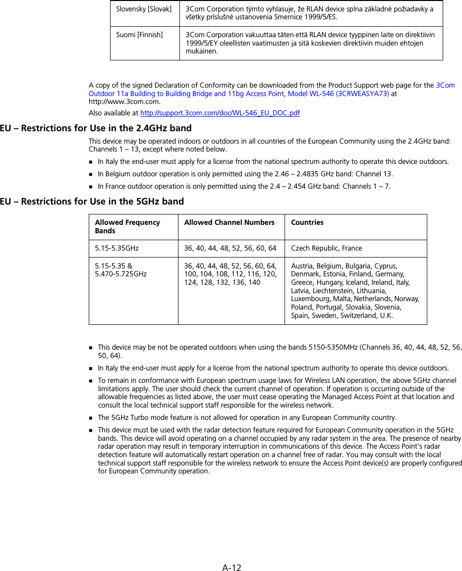 A-12A copy of the signed Declaration of Conformity can be downloaded from the Product Support web page for the 3Com Outdoor 11a Building to Building Bridge and 11bg Access Point, Model WL-546 (3CRWEASYA73) at http://www.3com.com.Also available at http://support.3com.com/doc/WL-546_EU_DOC.pdfEU – Restrictions for Use in the 2.4GHz bandThis device may be operated indoors or outdoors in all countries of the European Community using the 2.4GHz band: Channels 1 – 13, except where noted below. In Italy the end-user must apply for a license from the national spectrum authority to operate this device outdoors. In Belgium outdoor operation is only permitted using the 2.46 – 2.4835 GHz band: Channel 13.In France outdoor operation is only permitted using the 2.4 – 2.454 GHz band: Channels 1 – 7.EU – Restrictions for Use in the 5GHz bandThis device may be not be operated outdoors when using the bands 5150-5350MHz (Channels 36, 40, 44, 48, 52, 56, 50, 64).In Italy the end-user must apply for a license from the national spectrum authority to operate this device outdoors. To remain in conformance with European spectrum usage laws for Wireless LAN operation, the above 5GHz channel limitations apply. The user should check the current channel of operation. If operation is occurring outside of the allowable frequencies as listed above, the user must cease operating the Managed Access Point at that location and consult the local technical support staff responsible for the wireless network.The 5GHz Turbo mode feature is not allowed for operation in any European Community country.This device must be used with the radar detection feature required for European Community operation in the 5GHz bands. This device will avoid operating on a channel occupied by any radar system in the area. The presence of nearby radar operation may result in temporary interruption in communications of this device. The Access Point’s radar detection feature will automatically restart operation on a channel free of radar. You may consult with the local technical support staff responsible for the wireless network to ensure the Access Point device(s) are properly configured for European Community operation.Slovensky [Slovak] 3Com Corporation týmto vyhlasuje, že RLAN device splna základné požiadavky a všetky príslušné ustanovenia Smernice 1999/5/ES.Suomi [Finnish] 3Com Corporation vakuuttaa täten että RLAN device tyyppinen laite on direktiivin 1999/5/EY oleellisten vaatimusten ja sitä koskevien direktiivin muiden ehtojen mukainen.Allowed Frequency BandsAllowed Channel Numbers Countries5.15-5.35GHz 36, 40, 44, 48, 52, 56, 60, 64 Czech Republic, France5.15-5.35 &amp; 5.470-5.725GHz36, 40, 44, 48, 52, 56, 60, 64, 100, 104, 108, 112, 116, 120, 124, 128, 132, 136, 140Austria, Belgium, Bulgaria, Cyprus, Denmark, Estonia, Finland, Germany, Greece, Hungary, Iceland, Ireland, Italy, Latvia, Liechtenstein, Lithuania, Luxembourg, Malta, Netherlands, Norway, Poland, Portugal, Slovakia, Slovenia, Spain, Sweden, Switzerland, U.K.