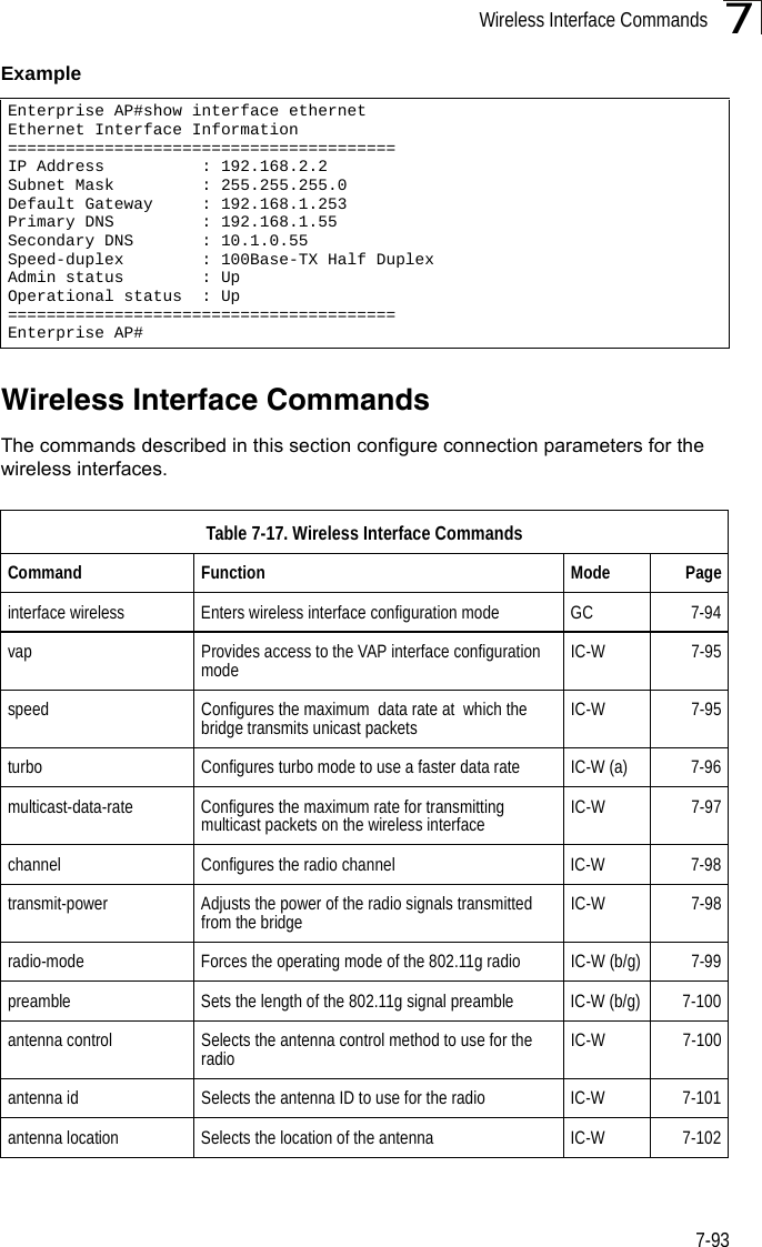 Wireless Interface Commands7-937Example Wireless Interface CommandsThe commands described in this section configure connection parameters for the wireless interfaces.Enterprise AP#show interface ethernetEthernet Interface Information========================================IP Address          : 192.168.2.2Subnet Mask         : 255.255.255.0Default Gateway     : 192.168.1.253Primary DNS         : 192.168.1.55Secondary DNS       : 10.1.0.55Speed-duplex        : 100Base-TX Half DuplexAdmin status        : UpOperational status  : Up========================================Enterprise AP#Table 7-17. Wireless Interface CommandsCommand Function Mode Pageinterface wireless Enters wireless interface configuration mode  GC 7-94vap Provides access to the VAP interface configuration mode IC-W 7-95speed Configures the maximum  data rate at  which the bridge transmits unicast packets IC-W 7-95turbo Configures turbo mode to use a faster data rate IC-W (a) 7-96multicast-data-rate Configures the maximum rate for transmitting multicast packets on the wireless interface IC-W 7-97channel Configures the radio channel  IC-W 7-98transmit-power Adjusts the power of the radio signals transmitted from the bridge IC-W 7-98radio-mode Forces the operating mode of the 802.11g radio IC-W (b/g) 7-99preamble Sets the length of the 802.11g signal preamble IC-W (b/g) 7-100antenna control Selects the antenna control method to use for the radio IC-W 7-100antenna id Selects the antenna ID to use for the radio IC-W 7-101antenna location Selects the location of the antenna IC-W 7-102