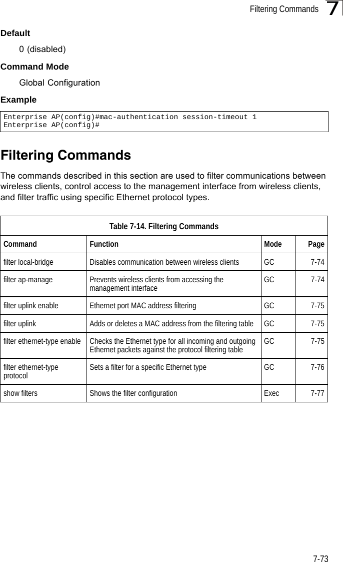 Filtering Commands7-737Default0 (disabled)Command ModeGlobal ConfigurationExampleFiltering CommandsThe commands described in this section are used to filter communications between wireless clients, control access to the management interface from wireless clients, and filter traffic using specific Ethernet protocol types. Enterprise AP(config)#mac-authentication session-timeout 1Enterprise AP(config)#Table 7-14. Filtering CommandsCommand Function Mode Pagefilter local-bridge Disables communication between wireless clients GC 7-74filter ap-manage Prevents wireless clients from accessing the management interface GC 7-74filter uplink enable Ethernet port MAC address filtering GC 7-75filter uplink Adds or deletes a MAC address from the filtering table GC 7-75filter ethernet-type enable Checks the Ethernet type for all incoming and outgoing Ethernet packets against the protocol filtering table GC 7-75filter ethernet-type protocol  Sets a filter for a specific Ethernet type GC 7-76show filters Shows the filter configuration Exec 7-77