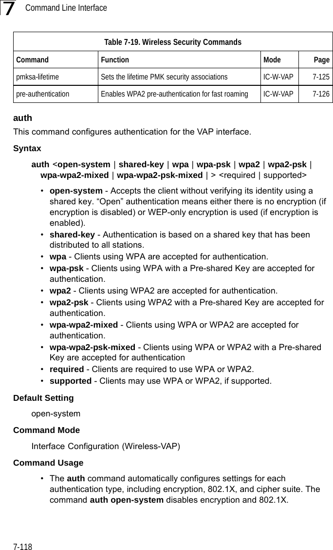 Command Line Interface7-1187authThis command configures authentication for the VAP interface.Syntaxauth &lt;open-system | shared-key | wpa | wpa-psk | wpa2 | wpa2-psk |  wpa-wpa2-mixed | wpa-wpa2-psk-mixed | &gt; &lt;required | supported&gt;•open-system - Accepts the client without verifying its identity using a shared key. “Open” authentication means either there is no encryption (if encryption is disabled) or WEP-only encryption is used (if encryption is enabled). •shared-key - Authentication is based on a shared key that has been distributed to all stations.•wpa - Clients using WPA are accepted for authentication.•wpa-psk - Clients using WPA with a Pre-shared Key are accepted for authentication.•wpa2 - Clients using WPA2 are accepted for authentication.•wpa2-psk - Clients using WPA2 with a Pre-shared Key are accepted for authentication.•wpa-wpa2-mixed - Clients using WPA or WPA2 are accepted for authentication.•wpa-wpa2-psk-mixed - Clients using WPA or WPA2 with a Pre-shared Key are accepted for authentication•required - Clients are required to use WPA or WPA2.•supported - Clients may use WPA or WPA2, if supported.Default Setting open-systemCommand Mode Interface Configuration (Wireless-VAP)Command Usage •The auth command automatically configures settings for each authentication type, including encryption, 802.1X, and cipher suite. The command auth open-system disables encryption and 802.1X.pmksa-lifetime Sets the lifetime PMK security associations IC-W-VAP 7-125pre-authentication Enables WPA2 pre-authentication for fast roaming IC-W-VAP 7-126Table 7-19. Wireless Security CommandsCommand Function Mode Page