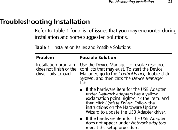 Troubleshooting Installation 21Troubleshooting InstallationRefer to Table 1 for a list of issues that you may encounter during installation and some suggested solutions.Table 1    Installation Issues and Possible SolutionsProblem Possible SolutionInstallation program does not finish or the driver fails to loadUse the Device Manager to resolve resource conflicts that may exist. To start the Device Manager, go to the Control Panel, double-click System, and then click the Device Manager tab.■If the hardware item for the USB Adapter under Network adapters has a yellow exclamation point, right-click the item, and then click Update Driver. Follow the instructions on the Hardware Update Wizard to update the USB Adapter driver.■If the hardware item for the USB Adapter does not appear under Network adapters, repeat the setup procedure.