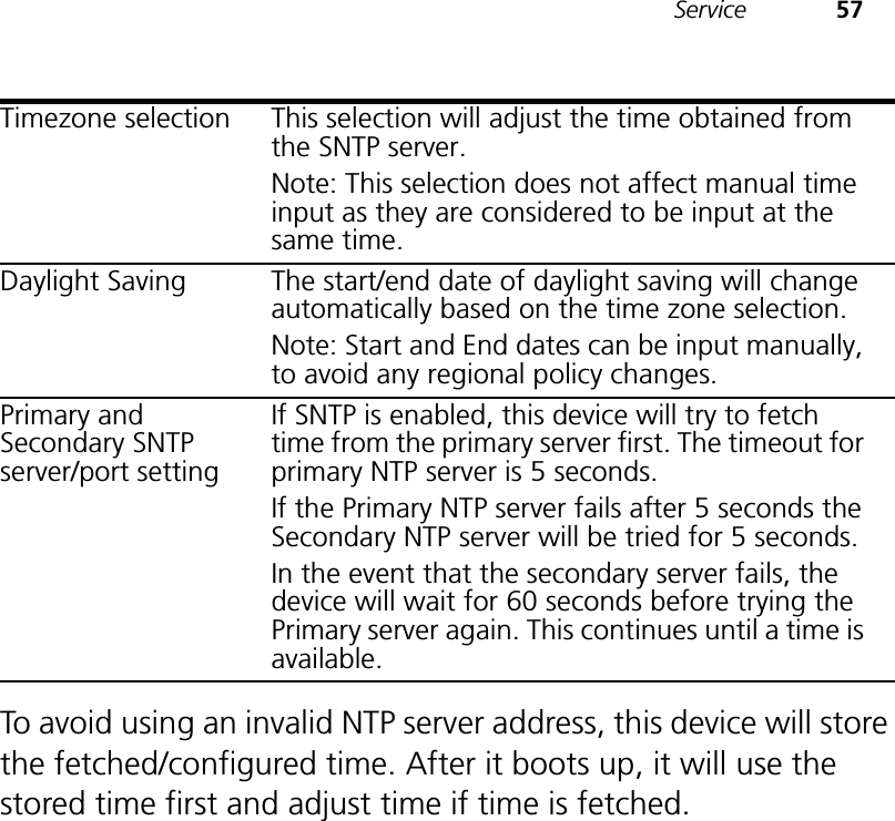 Service 57To avoid using an invalid NTP server address, this device will store the fetched/configured time. After it boots up, it will use the stored time first and adjust time if time is fetched.Timezone selection This selection will adjust the time obtained from the SNTP server.Note: This selection does not affect manual time input as they are considered to be input at the same time.Daylight Saving The start/end date of daylight saving will change automatically based on the time zone selection.Note: Start and End dates can be input manually, to avoid any regional policy changes.Primary and Secondary SNTP server/port settingIf SNTP is enabled, this device will try to fetch time from the primary server first. The timeout for primary NTP server is 5 seconds.If the Primary NTP server fails after 5 seconds the Secondary NTP server will be tried for 5 seconds.In the event that the secondary server fails, the device will wait for 60 seconds before trying the Primary server again. This continues until a time is available.