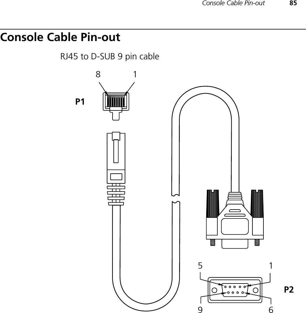Console Cable Pin-out 85Console Cable Pin-outRJ45 to D-SUB 9 pin cable815169P1P2