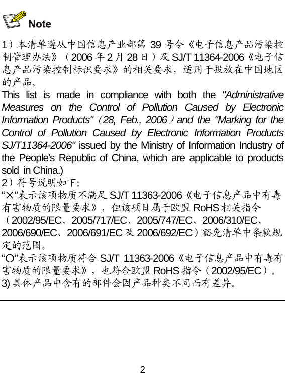 2  1）本清单遵从中国信息产业部第 39 号令《电子信息产品污染控制管理办法》（2006 年2月28 日）及 SJ/T 11364-2006《电子信息产品污染控制标识要求》的相关要求，适用于投放在中国地区的产品。 This list is made in compliance with both the &quot;Administrative Measures on the Control of Pollution Caused by Electronic Information Products&quot;（28, Feb., 2006）and the &quot;Marking for the Control of Pollution Caused by Electronic Information Products SJ/T11364-2006&quot; issued by the Ministry of Information Industry of the People&apos;s Republic of China, which are applicable to products sold  in China.) 2）符号说明如下： “×”表示该项物质不满足 SJ/T 11363-2006《电子信息产品中有毒有害物质的限量要求》，但该项目属于欧盟 RoHS 相关指令（2002/95/EC、2005/717/EC、2005/747/EC、2006/310/EC、2006/690/EC、2006/691/EC 及2006/692/EC）豁免清单中条款规定的范围。 “〇”表示该项物质符合 SJ/T 11363-2006《电子信息产品中有毒有害物质的限量要求》，也符合欧盟 RoHS 指令（2002/95/EC）。 3) 具体产品中含有的部件会因产品种类不同而有差异。 