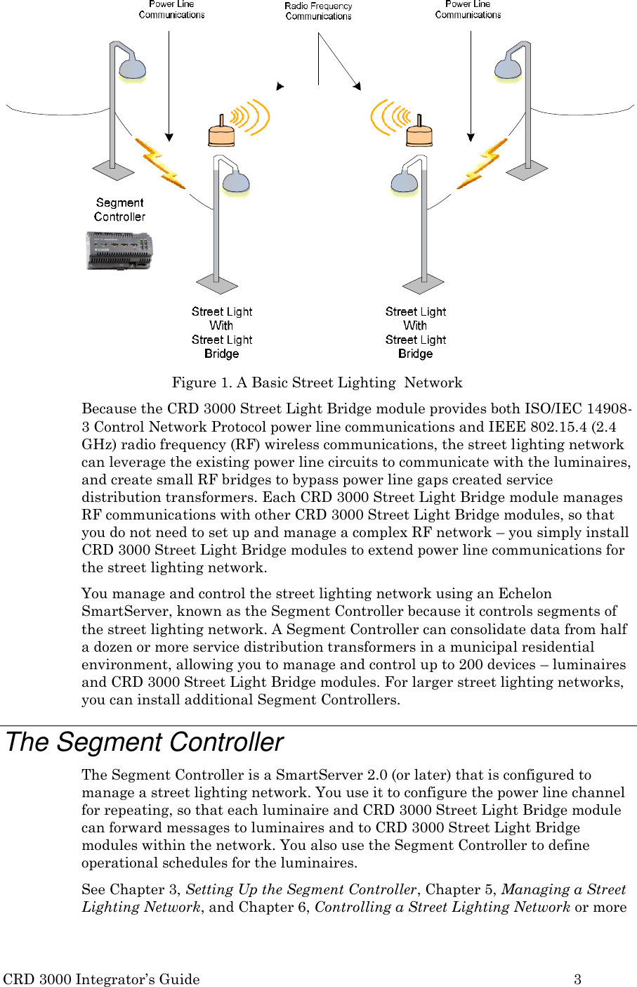 CRD 3000 Integrator&rsquo;s Guide 3          Figure 1. A Basic Street Lighting  Network Because the CRD 3000 Street Light Bridge module provides both ISO/IEC 14908- 3 Control Network Protocol power line communications and IEEE 802.15.4 (2.4 GHz) radio frequency (RF) wireless communications, the street lighting network can leverage the existing power line circuits to communicate with the luminaires, and create small RF bridges to bypass power line gaps created service distribution transformers. Each CRD 3000 Street Light Bridge module manages RF communications with other CRD 3000 Street Light Bridge modules, so that you do not need to set up and manage a complex RF network &ndash; you simply install CRD 3000 Street Light Bridge modules to extend power line communications for the street lighting network. You manage and control the street lighting network using an Echelon SmartServer, known as the Segment Controller because it controls segments of the street lighting network. A Segment Controller can consolidate data from half a dozen or more service distribution transformers in a municipal residential environment, allowing you to manage and control up to 200 devices &ndash; luminaires and CRD 3000 Street Light Bridge modules. For larger street lighting networks, you can install additional Segment Controllers.  The Segment Controller The Segment Controller is a SmartServer 2.0 (or later) that is configured to manage a street lighting network. You use it to configure the power line channel for repeating, so that each luminaire and CRD 3000 Street Light Bridge module can forward messages to luminaires and to CRD 3000 Street Light Bridge modules within the network. You also use the Segment Controller to define operational schedules for the luminaires. See Chapter 3, Setting Up the Segment Controller, Chapter 5, Managing a Street Lighting Network, and Chapter 6, Controlling a Street Lighting Network or more 