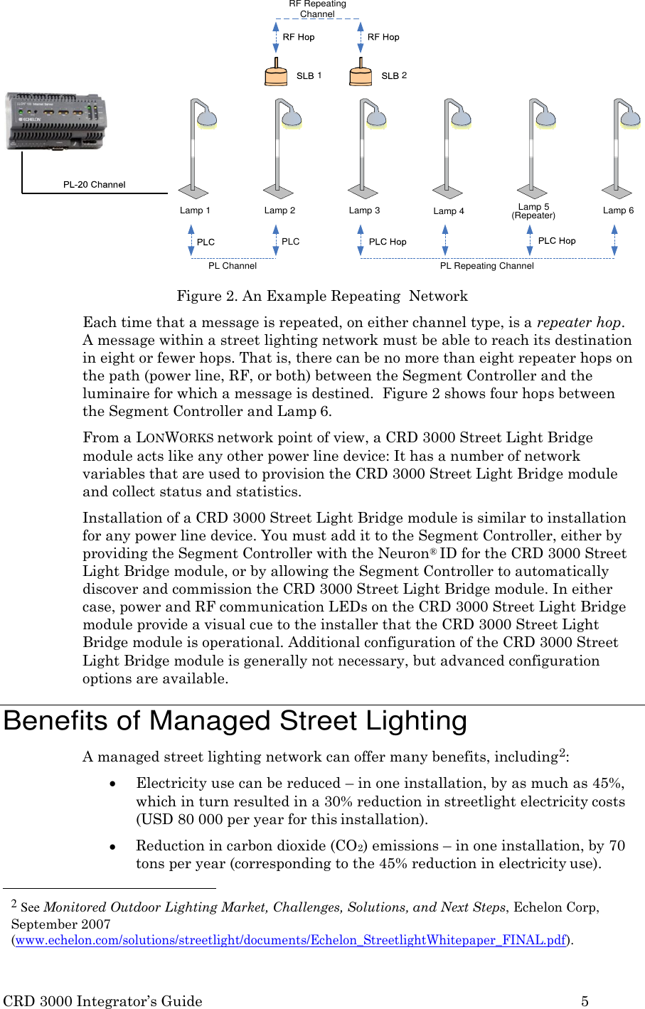 CRD 3000 Integrator&rsquo;s Guide 5       RF Repeating   Channel      1  2              Lamp 1 Lamp 2  Lamp 3 Lamp 4    Lamp 5 (Repeater) Lamp 6  PLC  PL Channel  PL Repeating Channel  Figure 2. An Example Repeating  Network Each time that a message is repeated, on either channel type, is a repeater hop. A message within a street lighting network must be able to reach its destination in eight or fewer hops. That is, there can be no more than eight repeater hops on the path (power line, RF, or both) between the Segment Controller and the luminaire for which a message is destined.  Figure 2 shows four hops between the Segment Controller and Lamp 6. From a LONWORKS network point of view, a CRD 3000 Street Light Bridge module acts like any other power line device: It has a number of network variables that are used to provision the CRD 3000 Street Light Bridge module and collect status and statistics. Installation of a CRD 3000 Street Light Bridge module is similar to installation for any power line device. You must add it to the Segment Controller, either by providing the Segment Controller with the Neuron&reg; ID for the CRD 3000 Street Light Bridge module, or by allowing the Segment Controller to automatically discover and commission the CRD 3000 Street Light Bridge module. In either case, power and RF communication LEDs on the CRD 3000 Street Light Bridge module provide a visual cue to the installer that the CRD 3000 Street Light Bridge module is operational. Additional configuration of the CRD 3000 Street Light Bridge module is generally not necessary, but advanced configuration options are available.  Benefits of Managed Street Lighting A managed street lighting network can offer many benefits, including2:  Electricity use can be reduced &ndash; in one installation, by as much as 45%, which in turn resulted in a 30% reduction in streetlight electricity costs (USD 80 000 per year for this installation).  Reduction in carbon dioxide (CO2) emissions &ndash; in one installation, by 70 tons per year (corresponding to the 45% reduction in electricity use).  2 See Monitored Outdoor Lighting Market, Challenges, Solutions, and Next Steps, Echelon Corp, September 2007 (www.echelon.com/solutions/streetlight/documents/Echelon_StreetlightWhitepaper_FINAL.pdf).           