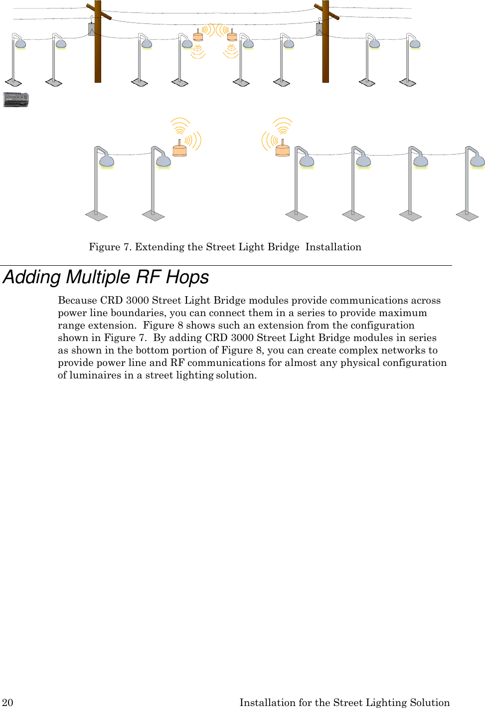 20 Installation for the Street Lighting Solution       Figure 7. Extending the Street Light Bridge  Installation  Adding Multiple RF Hops Because CRD 3000 Street Light Bridge modules provide communications across power line boundaries, you can connect them in a series to provide maximum range extension.  Figure 8 shows such an extension from the configuration shown in Figure 7.  By adding CRD 3000 Street Light Bridge modules in series  as shown in the bottom portion of Figure 8, you can create complex networks to provide power line and RF communications for almost any physical configuration of luminaires in a street lighting solution. 
