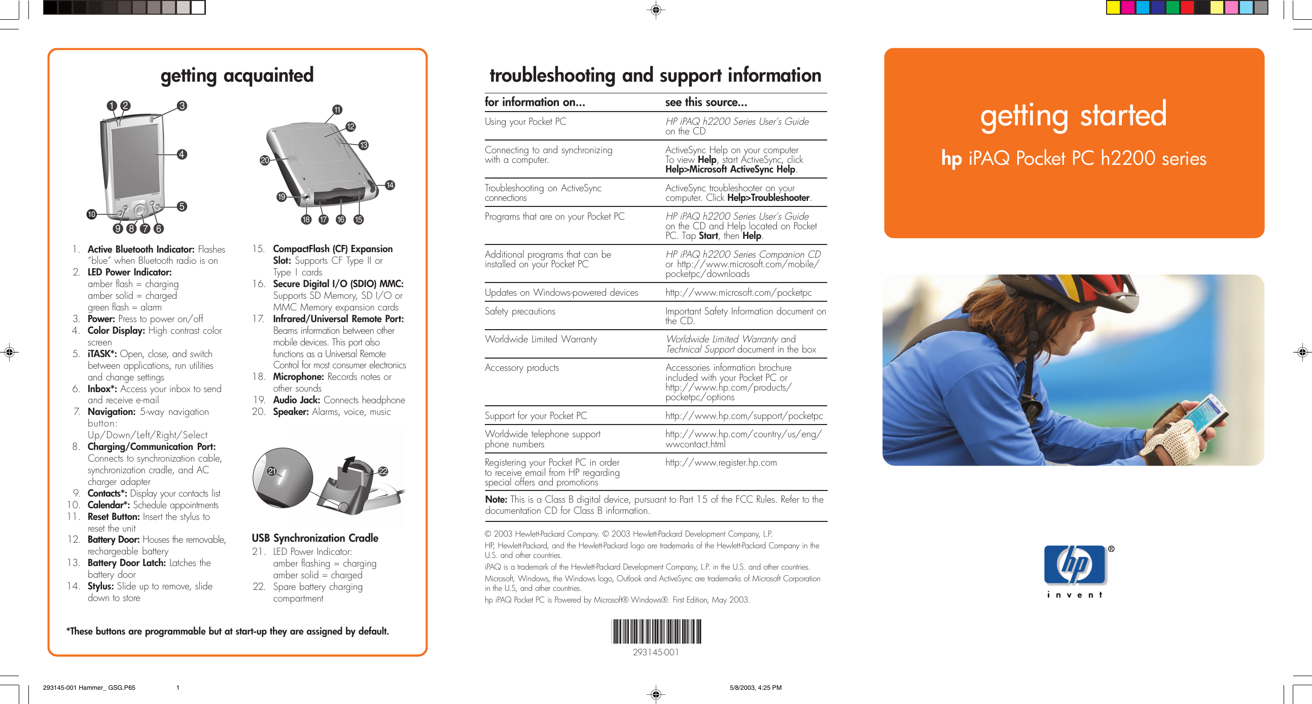 Page 1 of 2 - Hewlett-Packard Hewlett-Packard-Ipaq-H2200-Series-Quick-Start-Manual- Hp IPAQ Pocket PC H2200 Series - Getting Started Hewlett-packard-ipaq-h2200-series-quick-start-manual