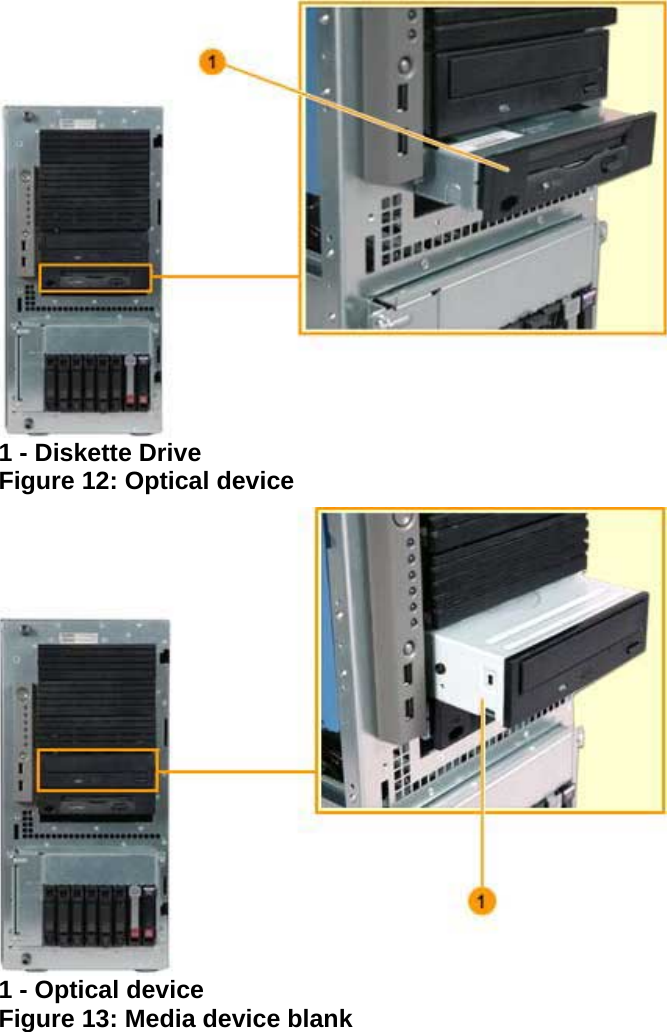  1 - Diskette Drive  Figure 12: Optical device  1 - Optical device  Figure 13: Media device blank 