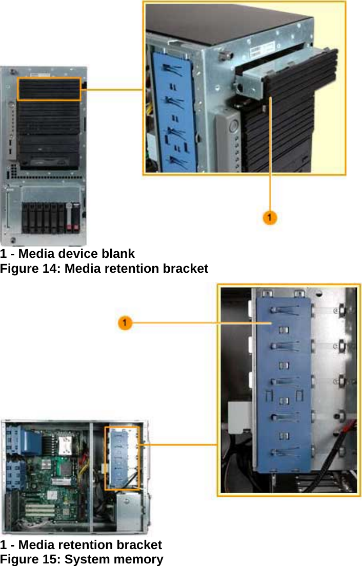  1 - Media device blank  Figure 14: Media retention bracket  1 - Media retention bracket  Figure 15: System memory 