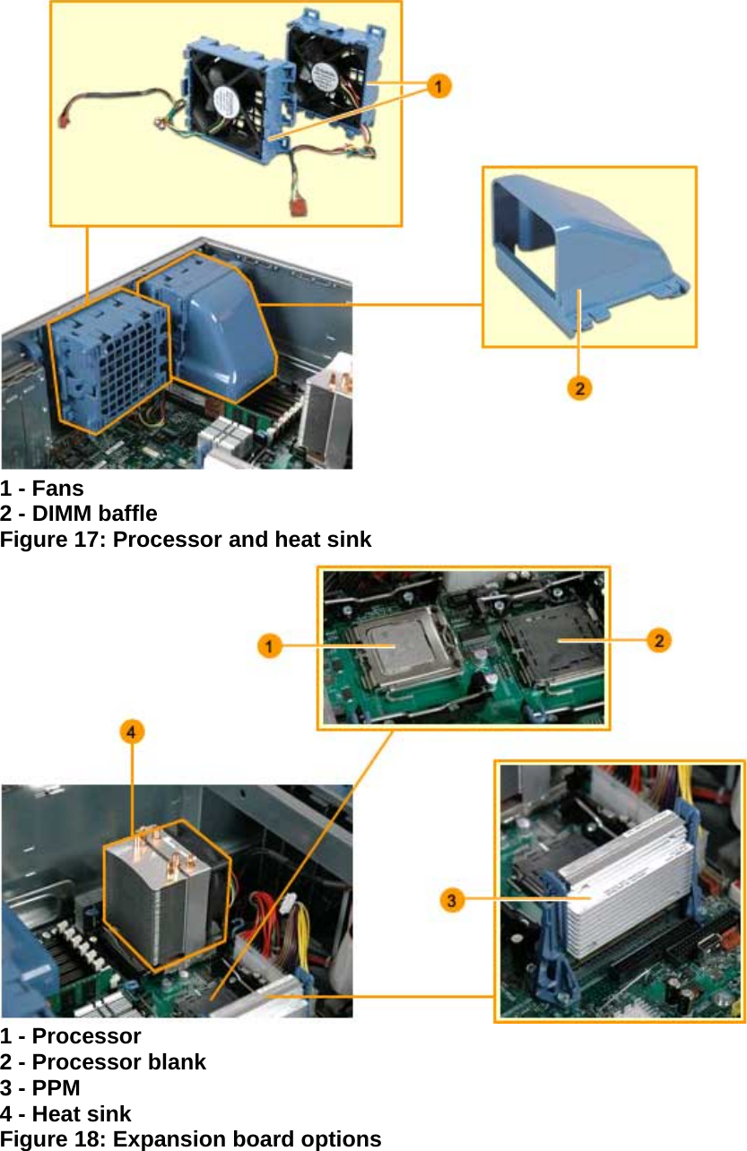  1 - Fans  2 - DIMM baffle  Figure 17: Processor and heat sink  1 - Processor  2 - Processor blank  3 - PPM  4 - Heat sink  Figure 18: Expansion board options 