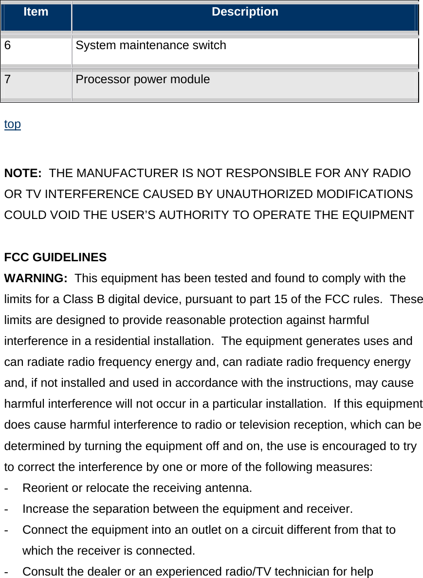 Item  Description 6  System maintenance switch 7  Processor power module top   NOTE:  THE MANUFACTURER IS NOT RESPONSIBLE FOR ANY RADIO OR TV INTERFERENCE CAUSED BY UNAUTHORIZED MODIFICATIONS COULD VOID THE USER&rsquo;S AUTHORITY TO OPERATE THE EQUIPMENT  FCC GUIDELINES  WARNING:  This equipment has been tested and found to comply with the limits for a Class B digital device, pursuant to part 15 of the FCC rules.  These limits are designed to provide reasonable protection against harmful interference in a residential installation.  The equipment generates uses and can radiate radio frequency energy and, can radiate radio frequency energy and, if not installed and used in accordance with the instructions, may cause harmful interference will not occur in a particular installation.  If this equipment does cause harmful interference to radio or television reception, which can be determined by turning the equipment off and on, the use is encouraged to try to correct the interference by one or more of the following measures: -  Reorient or relocate the receiving antenna. -  Increase the separation between the equipment and receiver. -  Connect the equipment into an outlet on a circuit different from that to which the receiver is connected. -  Consult the dealer or an experienced radio/TV technician for help  