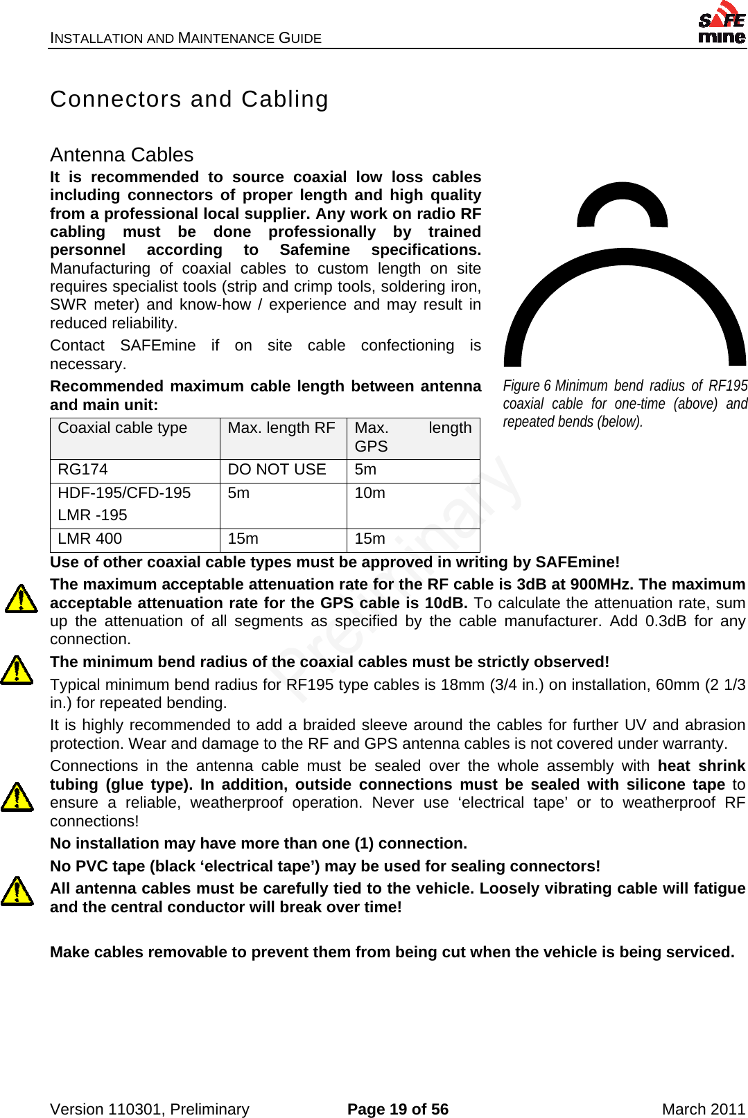 INSTALLATION AND MAINTENANCE GUIDE    Version 110301, Preliminary  Page 19 of 56  March 2011 Figure 6 Minimum bend radius of RF195coaxial cable for one-time (above) andrepeated bends (below).  Connectors and Cabling  Antenna Cables It is recommended to source coaxial low loss cables including connectors of proper length and high quality from a professional local supplier. Any work on radio RF cabling must be done professionally by trained personnel according to Safemine specifications.  Manufacturing of coaxial cables to custom length on site requires specialist tools (strip and crimp tools, soldering iron, SWR meter) and know-how / experience and may result in reduced reliability. Contact SAFEmine if on site cable confectioning is necessary. Recommended maximum cable length between antenna and main unit: Coaxial cable type  Max. length RF  Max. length GPS RG174  DO NOT USE  5m HDF-195/CFD-195 LMR -195 5m 10m LMR 400  15m  15m Use of other coaxial cable types must be approved in writing by SAFEmine!  The maximum acceptable attenuation rate for the RF cable is 3dB at 900MHz. The maximum acceptable attenuation rate for the GPS cable is 10dB. To calculate the attenuation rate, sum up the attenuation of all segments as specified by the cable manufacturer. Add 0.3dB for any connection. The minimum bend radius of the coaxial cables must be strictly observed! Typical minimum bend radius for RF195 type cables is 18mm (3/4 in.) on installation, 60mm (2 1/3 in.) for repeated bending. It is highly recommended to add a braided sleeve around the cables for further UV and abrasion protection. Wear and damage to the RF and GPS antenna cables is not covered under warranty. Connections in the antenna cable must be sealed over the whole assembly with heat shrink tubing (glue type). In addition, outside connections must be sealed with silicone tape to ensure a reliable, weatherproof operation. Never use ‘electrical tape’ or to weatherproof RF connections! No installation may have more than one (1) connection. No PVC tape (black ‘electrical tape’) may be used for sealing connectors! All antenna cables must be carefully tied to the vehicle. Loosely vibrating cable will fatigue and the central conductor will break over time!  Make cables removable to prevent them from being cut when the vehicle is being serviced. 