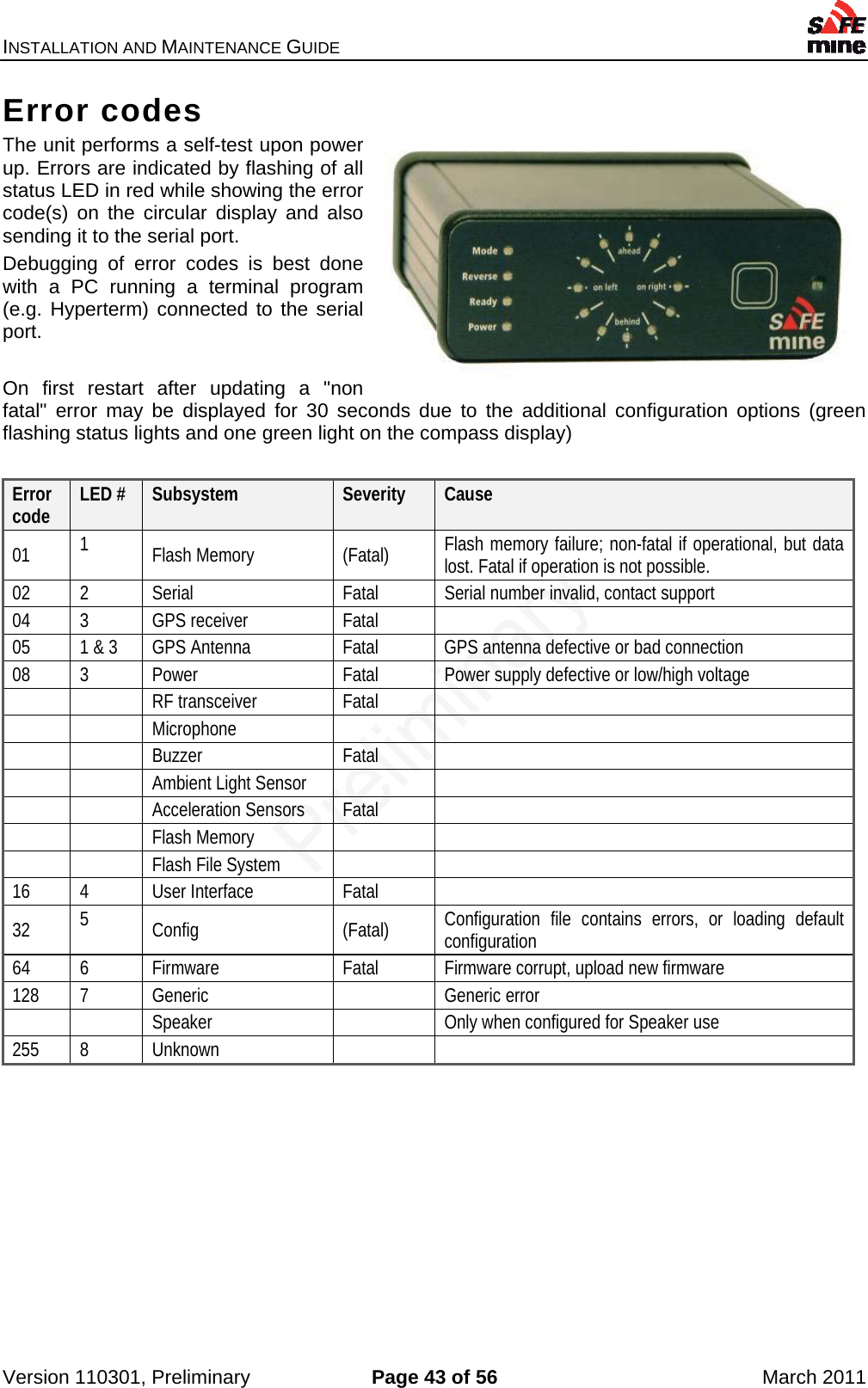 INSTALLATION AND MAINTENANCE GUIDE    Version 110301, Preliminary  Page 43 of 56  March 2011 Error codes The unit performs a self-test upon power up. Errors are indicated by flashing of all status LED in red while showing the error code(s) on the circular display and also sending it to the serial port. Debugging of error codes is best done with a PC running a terminal program (e.g. Hyperterm) connected to the serial port.  On first restart after updating a &quot;non fatal&quot; error may be displayed for 30 seconds due to the additional configuration options (green flashing status lights and one green light on the compass display)  Error code  LED #  Subsystem  Severity  Cause 01  1  Flash Memory  (Fatal)  Flash memory failure; non-fatal if operational, but data lost. Fatal if operation is not possible. 02  2  Serial  Fatal  Serial number invalid, contact support 04 3  GPS receiver  Fatal   05  1 &amp; 3  GPS Antenna  Fatal  GPS antenna defective or bad connection 08  3  Power  Fatal  Power supply defective or low/high voltage    RF transceiver  Fatal     Microphone        Buzzer  Fatal      Ambient Light Sensor        Acceleration Sensors Fatal     Flash Memory         Flash File System     16 4  User Interface  Fatal   32  5  Config (Fatal) Configuration file contains errors, or loading default configuration 64 6  Firmware  Fatal  Firmware corrupt, upload new firmware 128 7  Generic    Generic error     Speaker    Only when configured for Speaker use 255 8  Unknown      