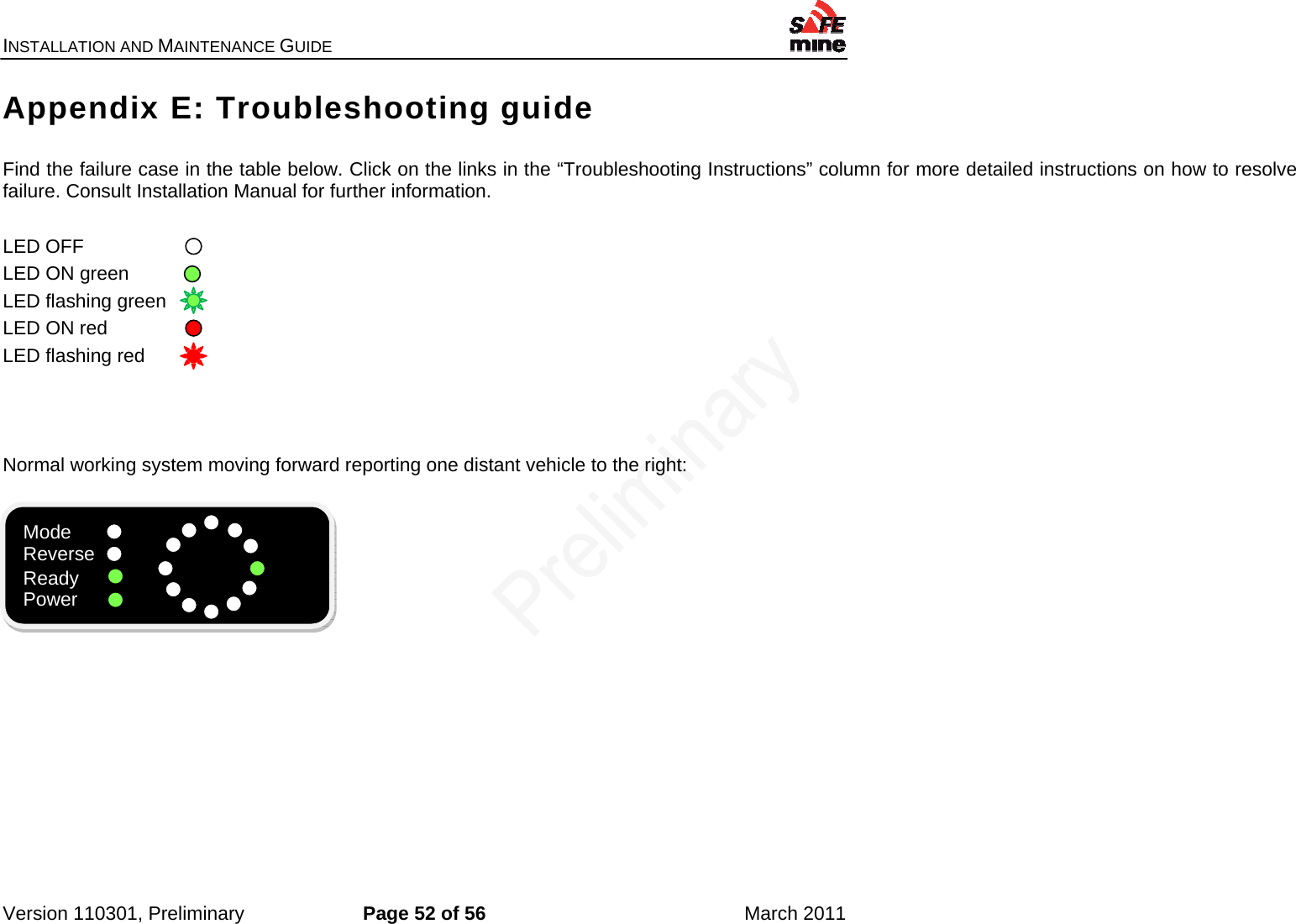 INSTALLATION AND MAINTENANCE GUIDE    Version 110301, Preliminary  Page 52 of 56  March 2011 Appendix E: Troubleshooting guide  Find the failure case in the table below. Click on the links in the “Troubleshooting Instructions” column for more detailed instructions on how to resolve failure. Consult Installation Manual for further information.  LED OFF         LED ON green     LED flashing green LED ON red LED flashing red    Normal working system moving forward reporting one distant vehicle to the right:       Mode Reverse Ready Power 