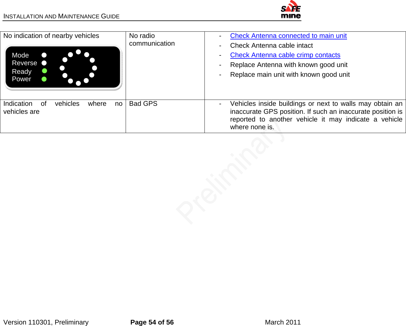 INSTALLATION AND MAINTENANCE GUIDE    Version 110301, Preliminary  Page 54 of 56  March 2011 No indication of nearby vehicles       No radio communication  -  Check Antenna connected to main unit -  Check Antenna cable intact -  Check Antenna cable crimp contacts -  Replace Antenna with known good unit -  Replace main unit with known good unit Indication of vehicles where no vehicles are  Bad GPS  -  Vehicles inside buildings or next to walls may obtain an inaccurate GPS position. If such an inaccurate position is reported to another vehicle it may indicate a vehicle where none is.   Mode Reverse Ready Power 