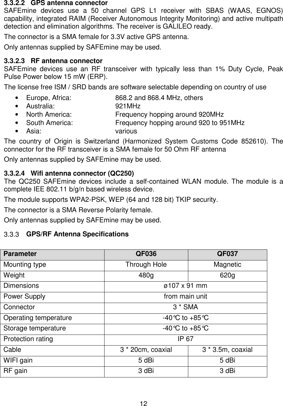 12     3.3.2.2  GPS antenna connector SAFEmine  devices  use  a  50  channel  GPS  L1  receiver  with  SBAS  (WAAS,  EGNOS) capability, integrated RAIM (Receiver Autonomous Integrity Monitoring) and active multipath detection and elimination algorithms. The receiver is GALILEO ready. The connector is a SMA female for 3.3V active GPS antenna. Only antennas supplied by SAFEmine may be used. 3.3.2.3  RF antenna connector SAFEmine  devices  use  an  RF  transceiver  with  typically  less  than  1%  Duty  Cycle,  Peak Pulse Power below 15 mW (ERP). The license free ISM / SRD bands are software selectable depending on country of use •  Europe, Africa:    868.2 and 868.4 MHz, others •  Australia:      921MHz  •  North America:    Frequency hopping around 920MHz •  South America:    Frequency hopping around 920 to 951MHz •  Asia:        various The  country  of  Origin  is  Switzerland  (Harmonized  System  Customs  Code  852610).  The connector for the RF transceiver is a SMA female for 50 Ohm RF antenna Only antennas supplied by SAFEmine may be used. 3.3.2.4  Wifi antenna connector (QC250) The  QC250 SAFEmine  devices  include  a  self-contained WLAN  module.  The  module is  a complete IEE 802.11 b/g/n based wireless device. The module supports WPA2-PSK, WEP (64 and 128 bit) TKIP security. The connector is a SMA Reverse Polarity female. Only antennas supplied by SAFEmine may be used.  GPS/RF Antenna Specifications 3.3.3 Parameter QF036 QF037 Mounting type  Through Hole  Magnetic Weight  480g  620g Dimensions  ø107 x 91 mm Power Supply  from main unit Connector  3 * SMA Operating temperature  -40°C to +85°C Storage temperature  -40°C to +85°C Protection rating  IP 67 Cable  3 * 20cm, coaxial  3 * 3.5m, coaxial WIFI gain   5 dBi  5 dBi RF gain  3 dBi  3 dBi  