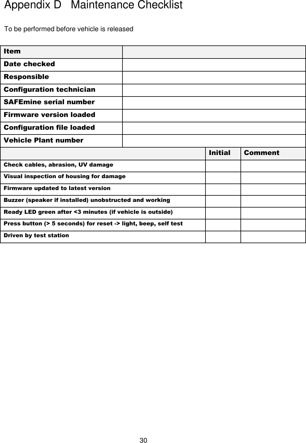 30   To be performed before vehicle is released   Item   Date checked   Responsible   Configuration technician   SAFEmine serial number   Firmware version loaded   Configuration file loaded   Vehicle Plant number     Initial  Comment Check cables, abrasion, UV damage    Visual inspection of housing for damage    Firmware updated to latest version    Buzzer (speaker if installed) unobstructed and working    Ready LED green after &lt;3 minutes (if vehicle is outside)    Press button (&gt; 5 seconds) for reset -&gt; light, beep, self test    Driven by test station         Appendix D   Maintenance Checklist 