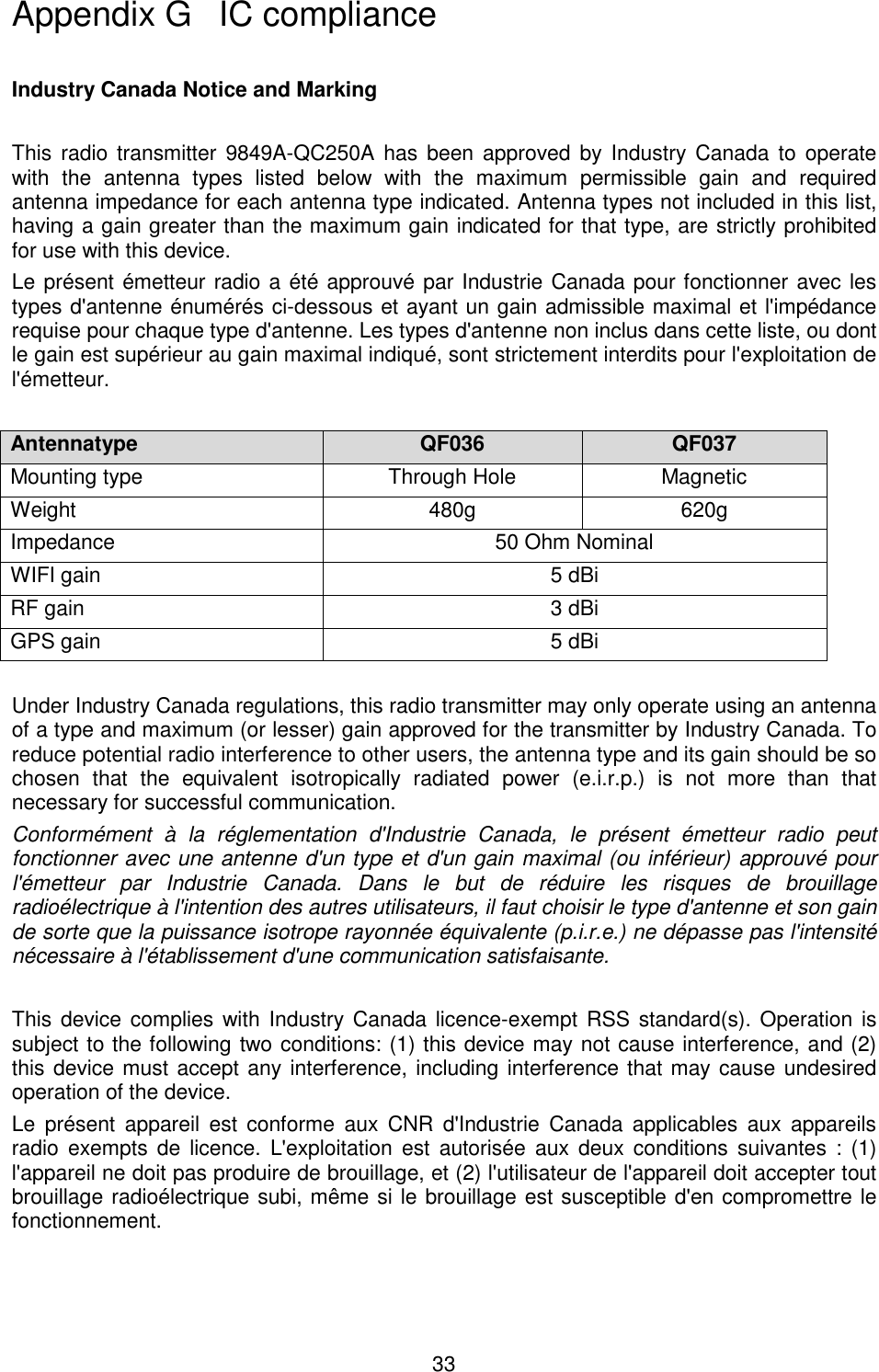 33   Industry Canada Notice and Marking   This  radio transmitter 9849A-QC250A has  been approved by Industry  Canada to  operate with  the  antenna  types  listed  below  with  the  maximum  permissible  gain  and  required antenna impedance for each antenna type indicated. Antenna types not included in this list, having a gain greater than the maximum gain indicated for that type, are strictly prohibited for use with this device. Le présent émetteur radio a été approuvé par Industrie Canada pour fonctionner avec les types d&apos;antenne énumérés ci-dessous et ayant un gain admissible maximal et l&apos;impédance requise pour chaque type d&apos;antenne. Les types d&apos;antenne non inclus dans cette liste, ou dont le gain est supérieur au gain maximal indiqué, sont strictement interdits pour l&apos;exploitation de l&apos;émetteur.  Antennatype QF036 QF037 Mounting type  Through Hole  Magnetic Weight  480g  620g Impedance  50 Ohm Nominal WIFI gain  5 dBi RF gain  3 dBi GPS gain  5 dBi  Under Industry Canada regulations, this radio transmitter may only operate using an antenna of a type and maximum (or lesser) gain approved for the transmitter by Industry Canada. To reduce potential radio interference to other users, the antenna type and its gain should be so chosen  that  the  equivalent  isotropically  radiated  power  (e.i.r.p.)  is  not  more  than  that necessary for successful communication. Conformément  à  la  réglementation  d&apos;Industrie  Canada,  le  présent  émetteur  radio  peut fonctionner avec une antenne d&apos;un type et d&apos;un gain maximal (ou inférieur) approuvé pour l&apos;émetteur  par  Industrie  Canada.  Dans  le  but  de  réduire  les  risques  de  brouillage radioélectrique à l&apos;intention des autres utilisateurs, il faut choisir le type d&apos;antenne et son gain de sorte que la puissance isotrope rayonnée équivalente (p.i.r.e.) ne dépasse pas l&apos;intensité nécessaire à l&apos;établissement d&apos;une communication satisfaisante.  This device complies with Industry Canada  licence-exempt RSS standard(s). Operation is subject to the following two conditions: (1) this device may not cause interference, and (2) this device must accept any interference, including interference that may cause undesired operation of the device. Le  présent  appareil  est  conforme  aux  CNR  d&apos;Industrie  Canada  applicables  aux  appareils radio  exempts de  licence. L&apos;exploitation est  autorisée aux  deux  conditions  suivantes :  (1) l&apos;appareil ne doit pas produire de brouillage, et (2) l&apos;utilisateur de l&apos;appareil doit accepter tout brouillage radioélectrique subi, même si le brouillage est susceptible d&apos;en compromettre le fonctionnement. Appendix G   IC compliance 